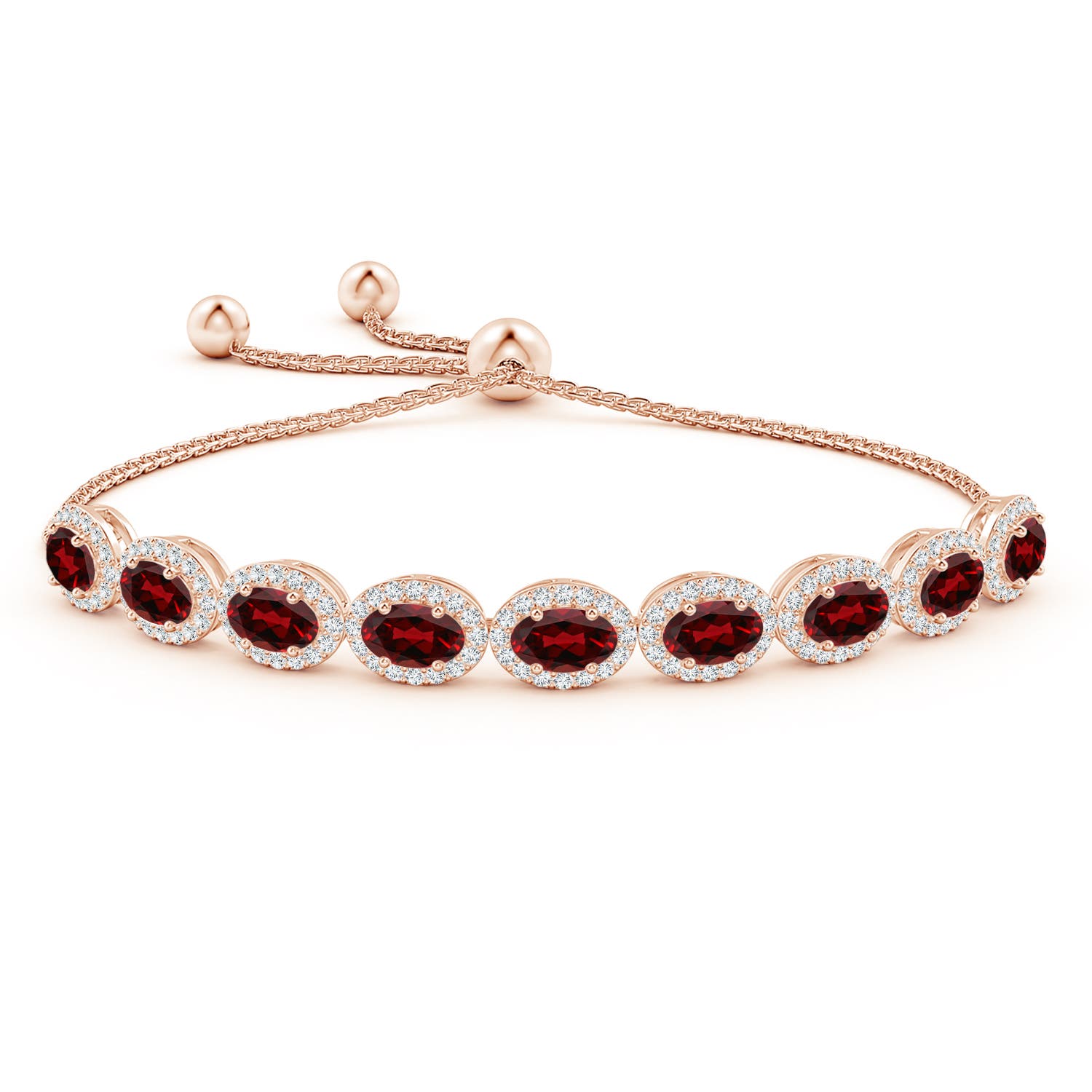 6x4mm AAAA Oval Garnet Bolo Bracelet with Diamond Halo in Rose Gold