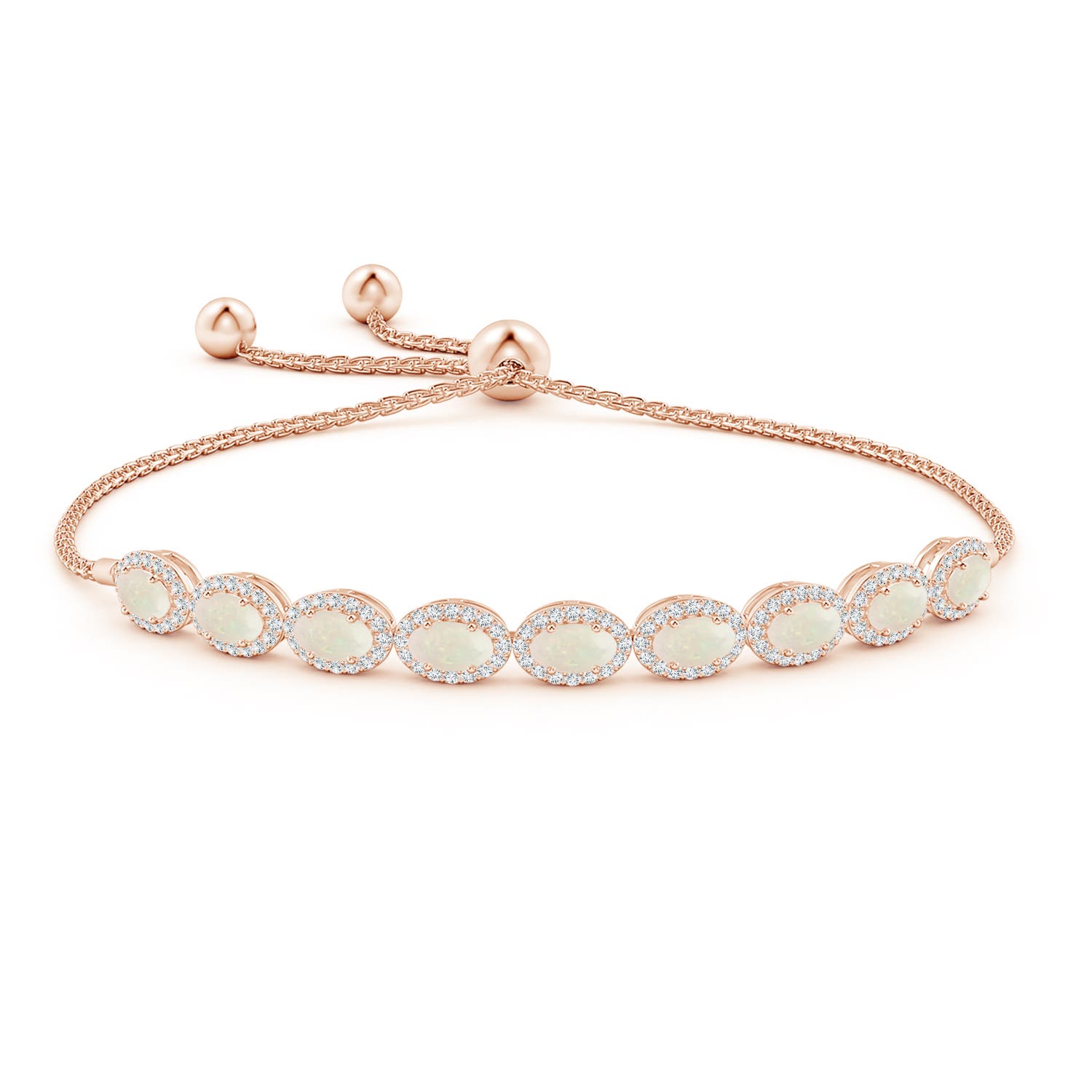 5x3mm A Oval Opal Bolo Bracelet with Diamond Halo in Rose Gold