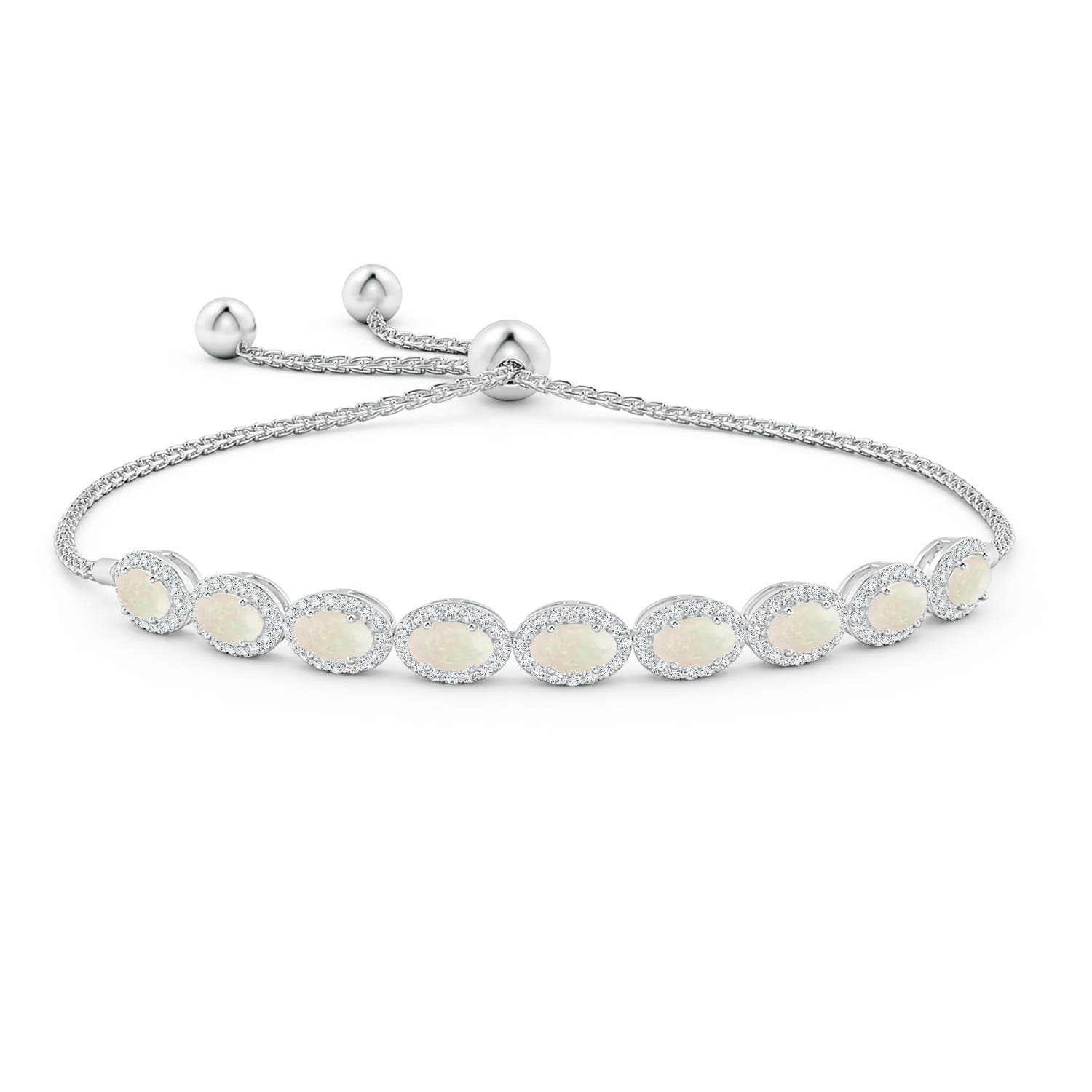 5x3mm A Oval Opal Bolo Bracelet with Diamond Halo in White Gold