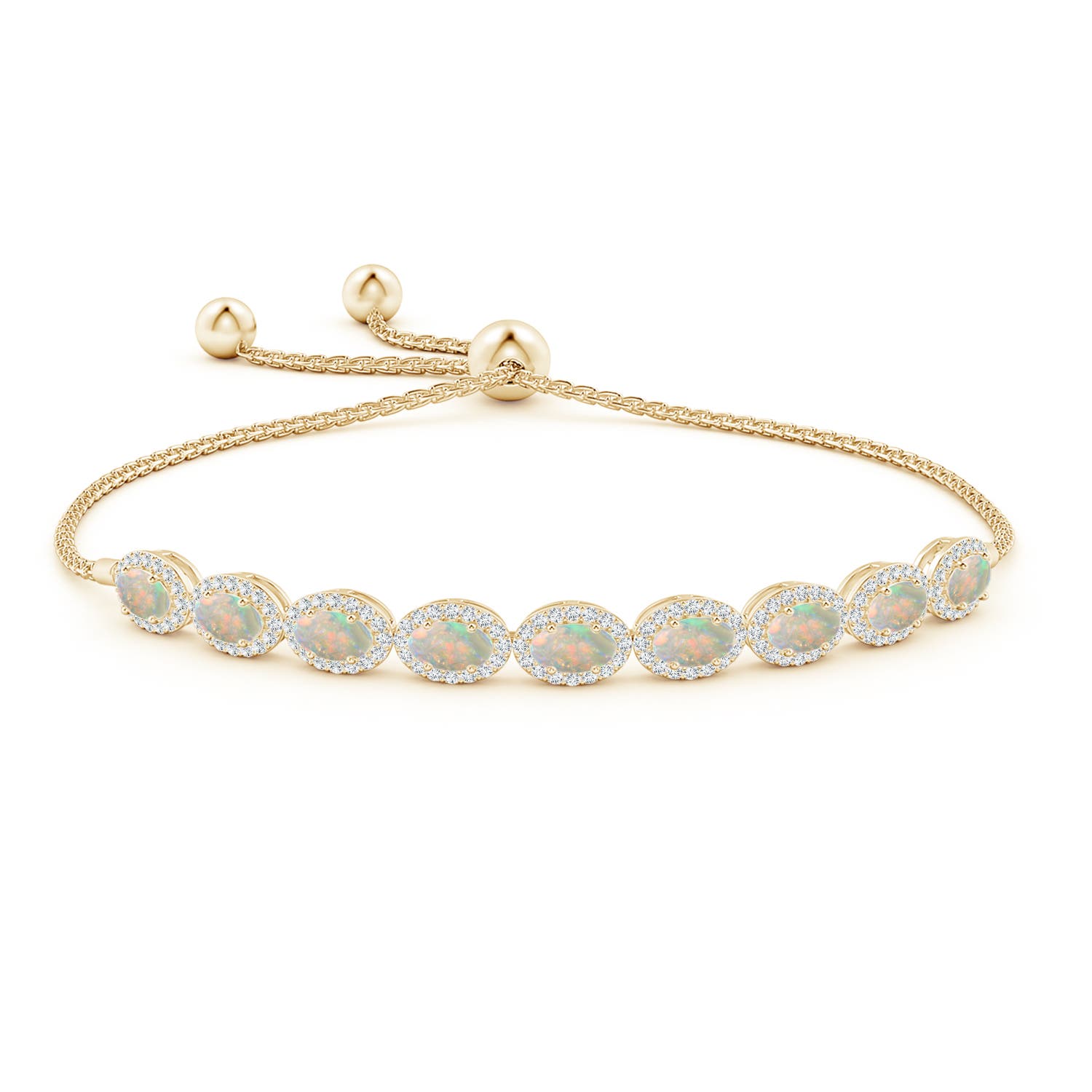 5x3mm AAAA Oval Opal Bolo Bracelet with Diamond Halo in Yellow Gold