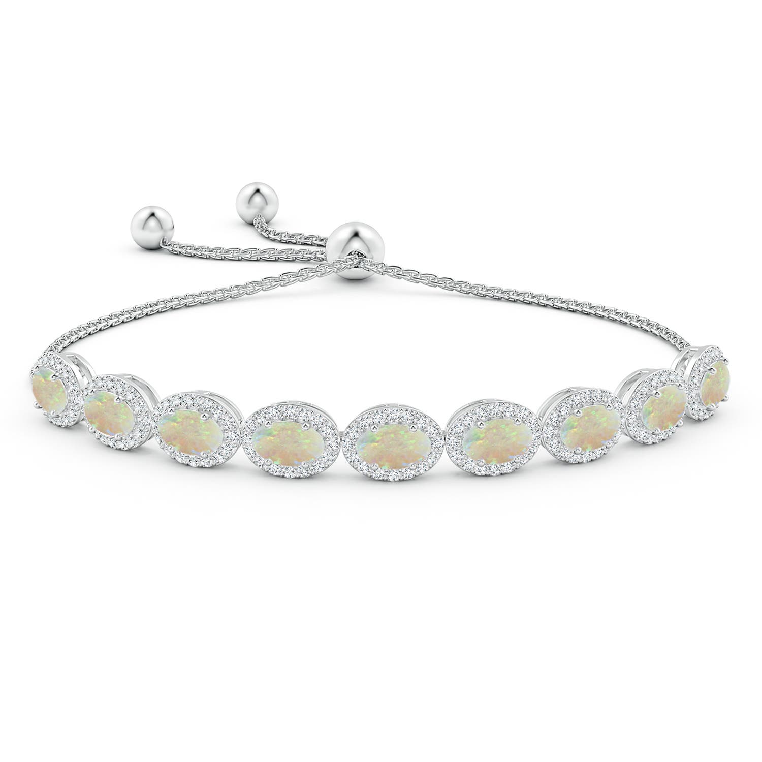6x4mm AAA Oval Opal Bolo Bracelet with Diamond Halo in White Gold
