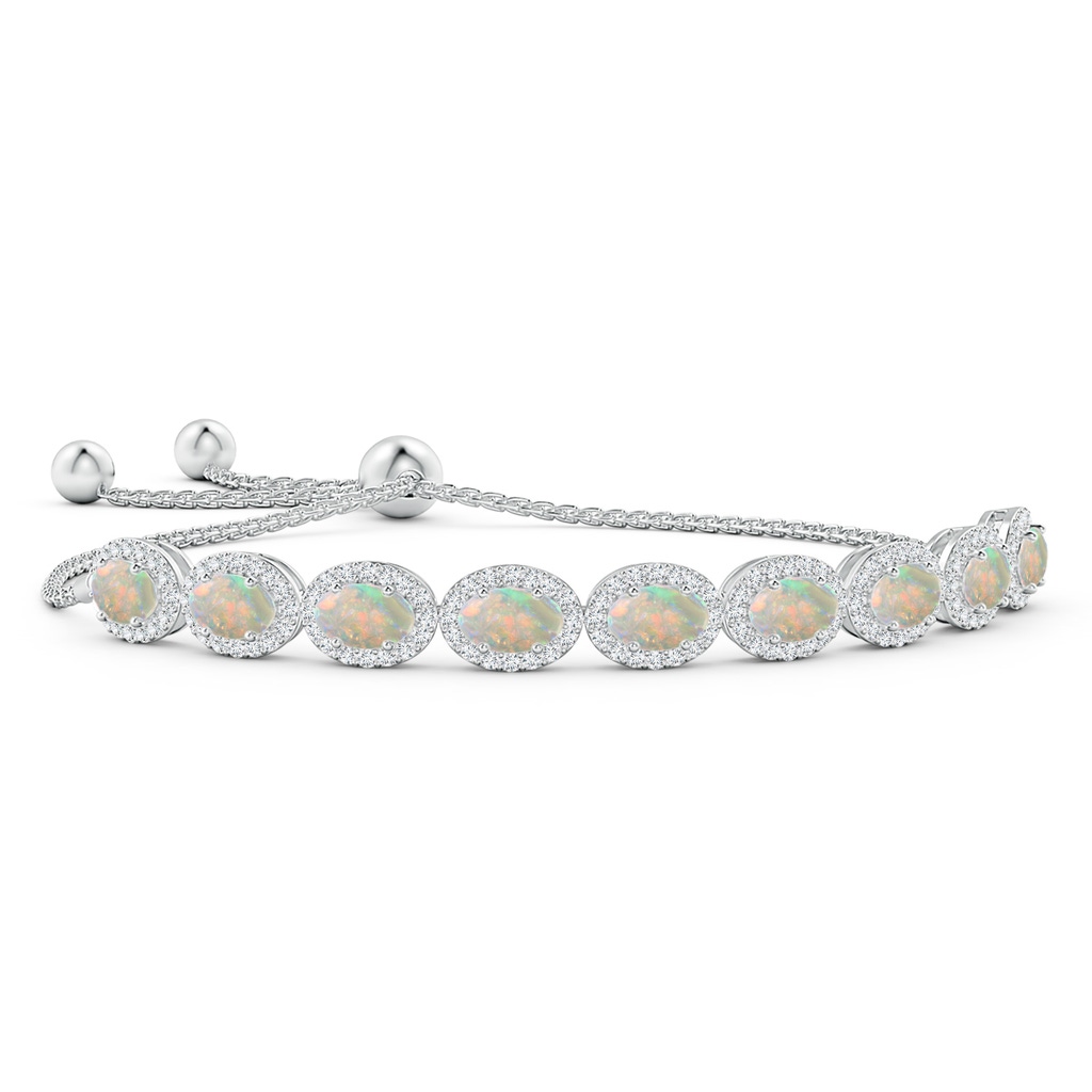 6x4mm AAAA Oval Opal Bolo Bracelet with Diamond Halo in White Gold