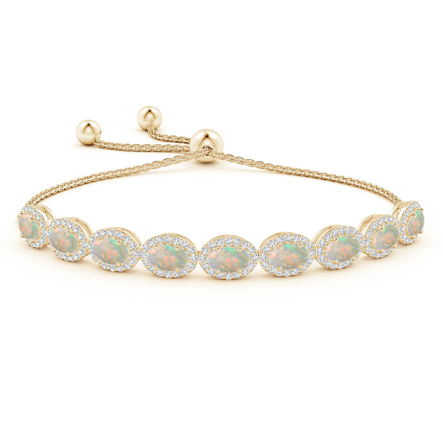 6x4mm AAAA Oval Opal Bolo Bracelet with Diamond Halo in Yellow Gold