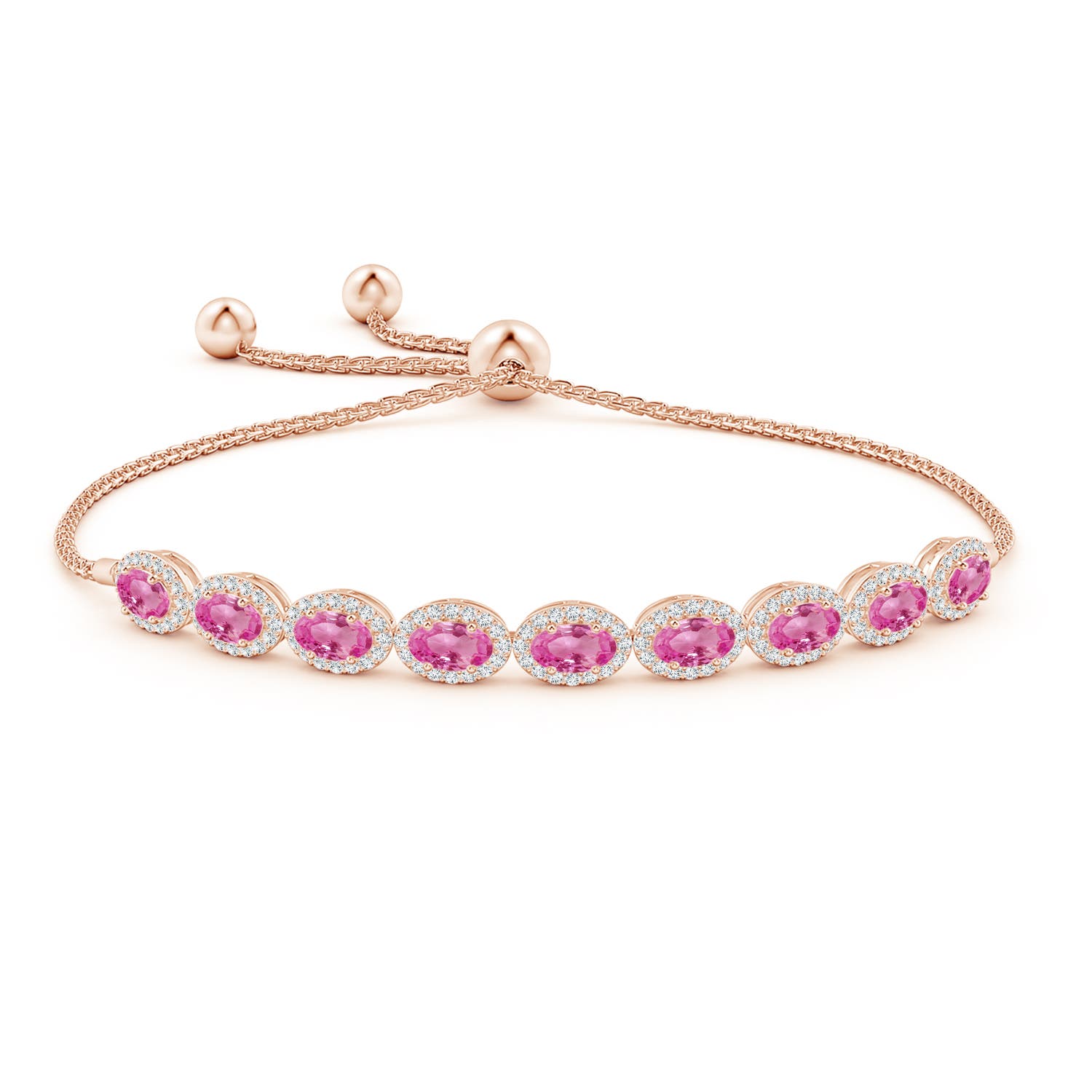 5x3mm AAA Oval Pink Sapphire Bolo Bracelet with Diamond Halo in Rose Gold
