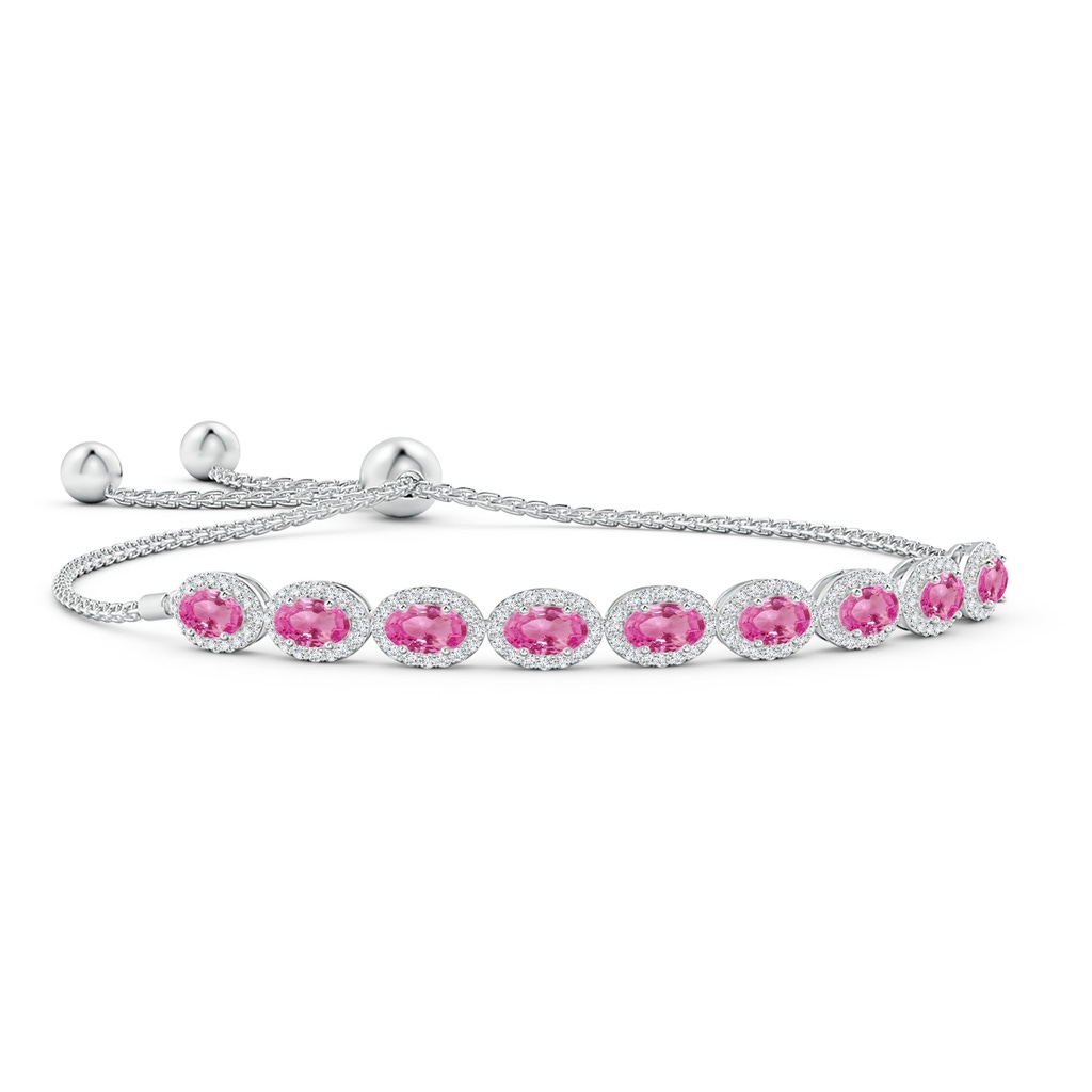 5x3mm AAA Oval Pink Sapphire Bolo Bracelet with Diamond Halo in White Gold