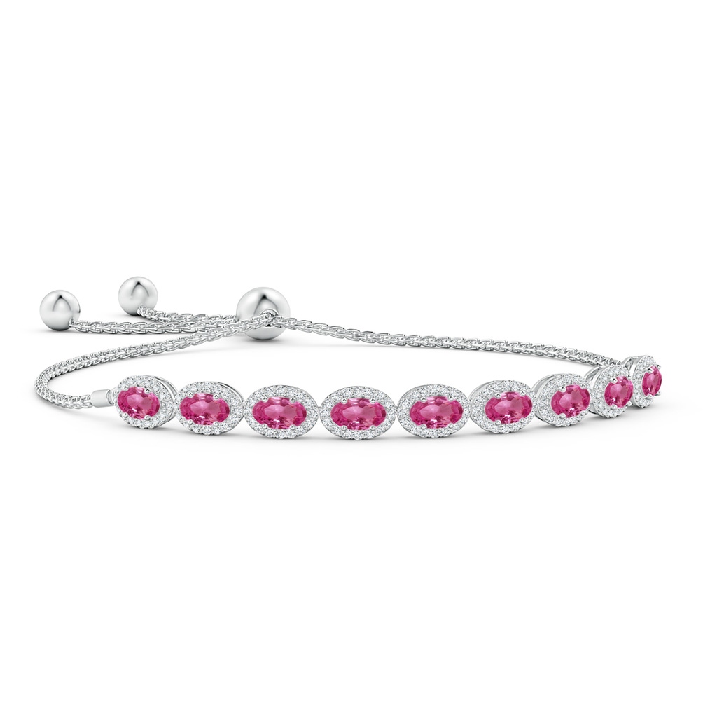 5x3mm AAAA Oval Pink Sapphire Bolo Bracelet with Diamond Halo in White Gold