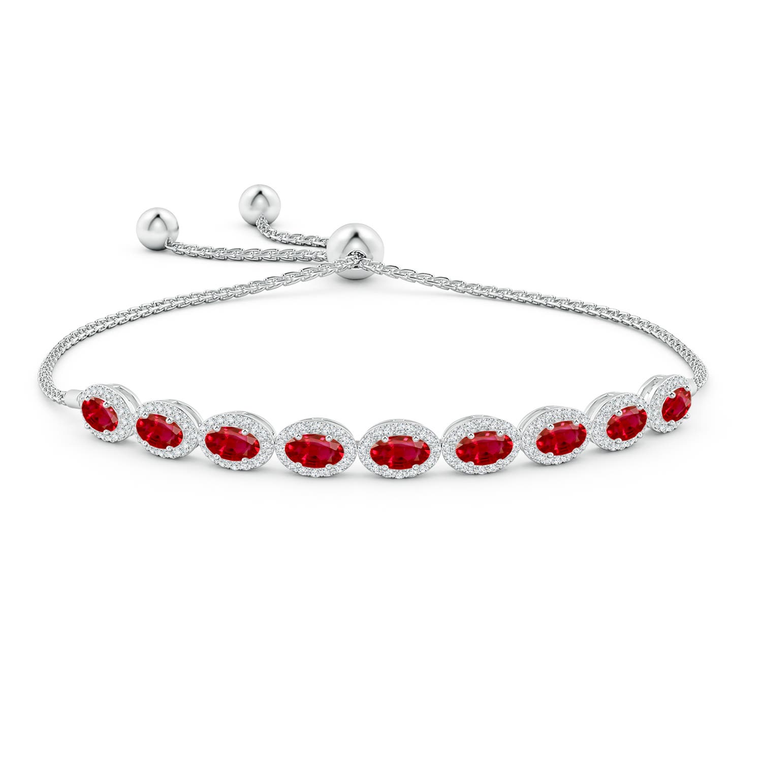 5x3mm AAA Oval Ruby Bolo Bracelet with Diamond Halo in White Gold - side 1