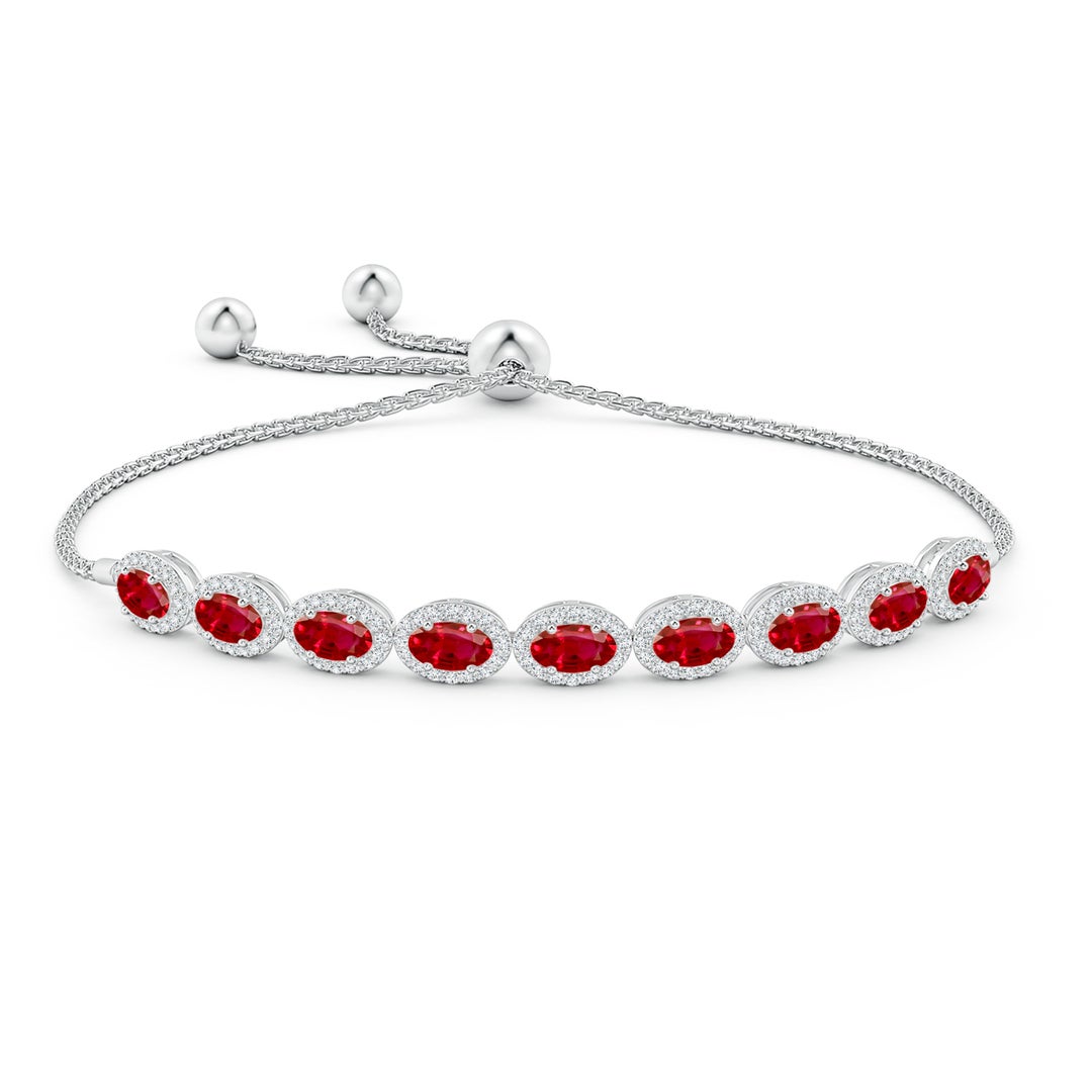 5x3mm AAA Oval Ruby Bolo Bracelet with Diamond Halo in White Gold - side 1