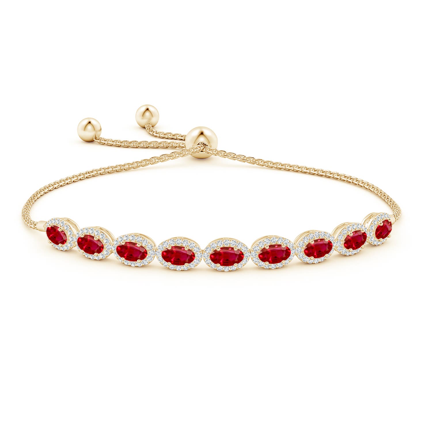 5x3mm AAA Oval Ruby Bolo Bracelet with Diamond Halo in Yellow Gold