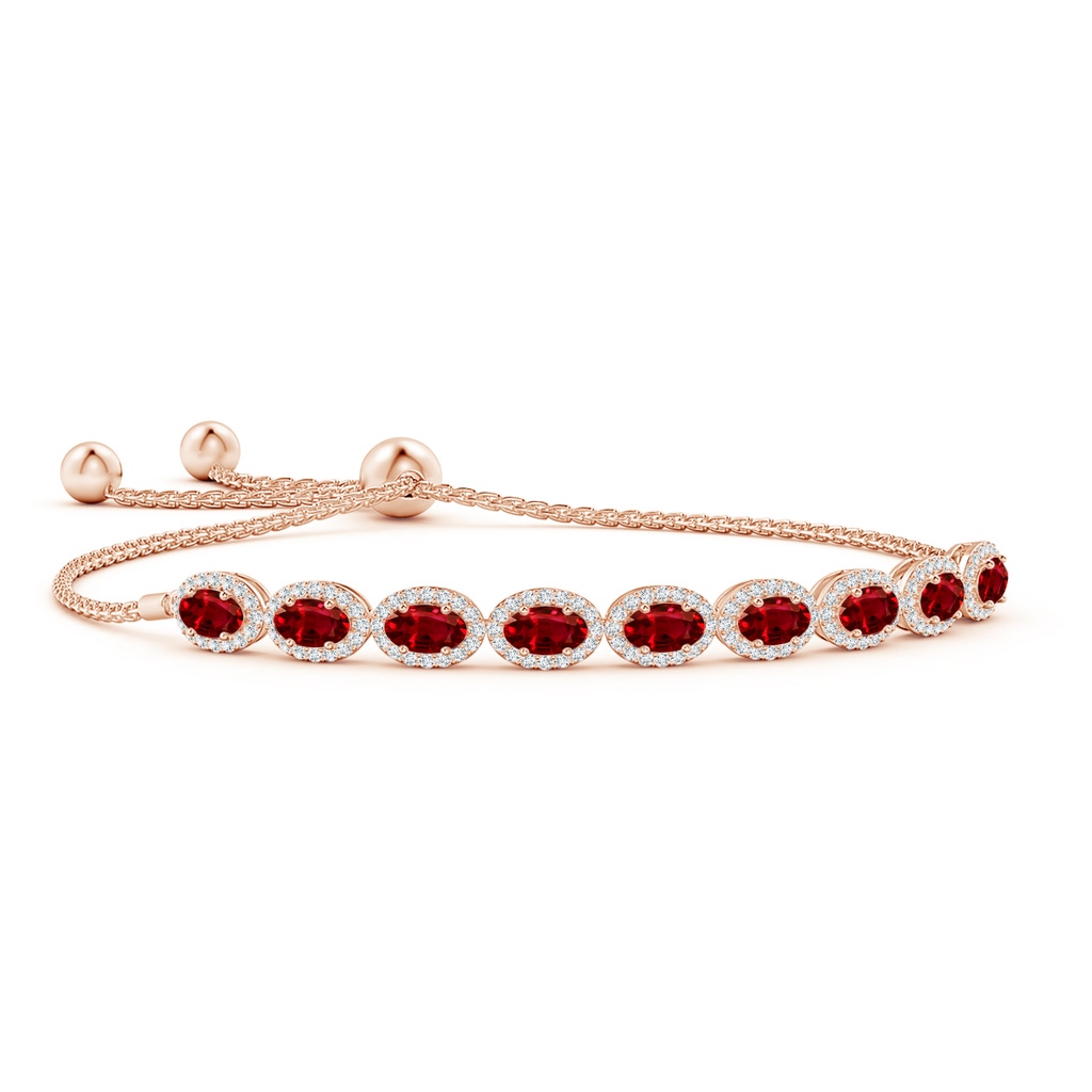 5x3mm AAAA Oval Ruby Bolo Bracelet with Diamond Halo in Rose Gold