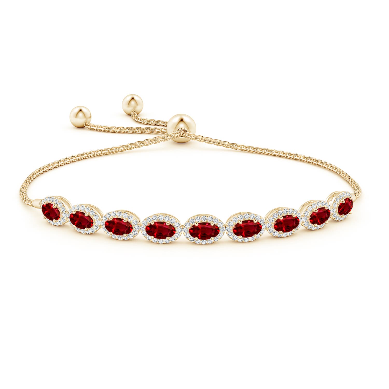 5x3mm AAAA Oval Ruby Bolo Bracelet with Diamond Halo in Yellow Gold