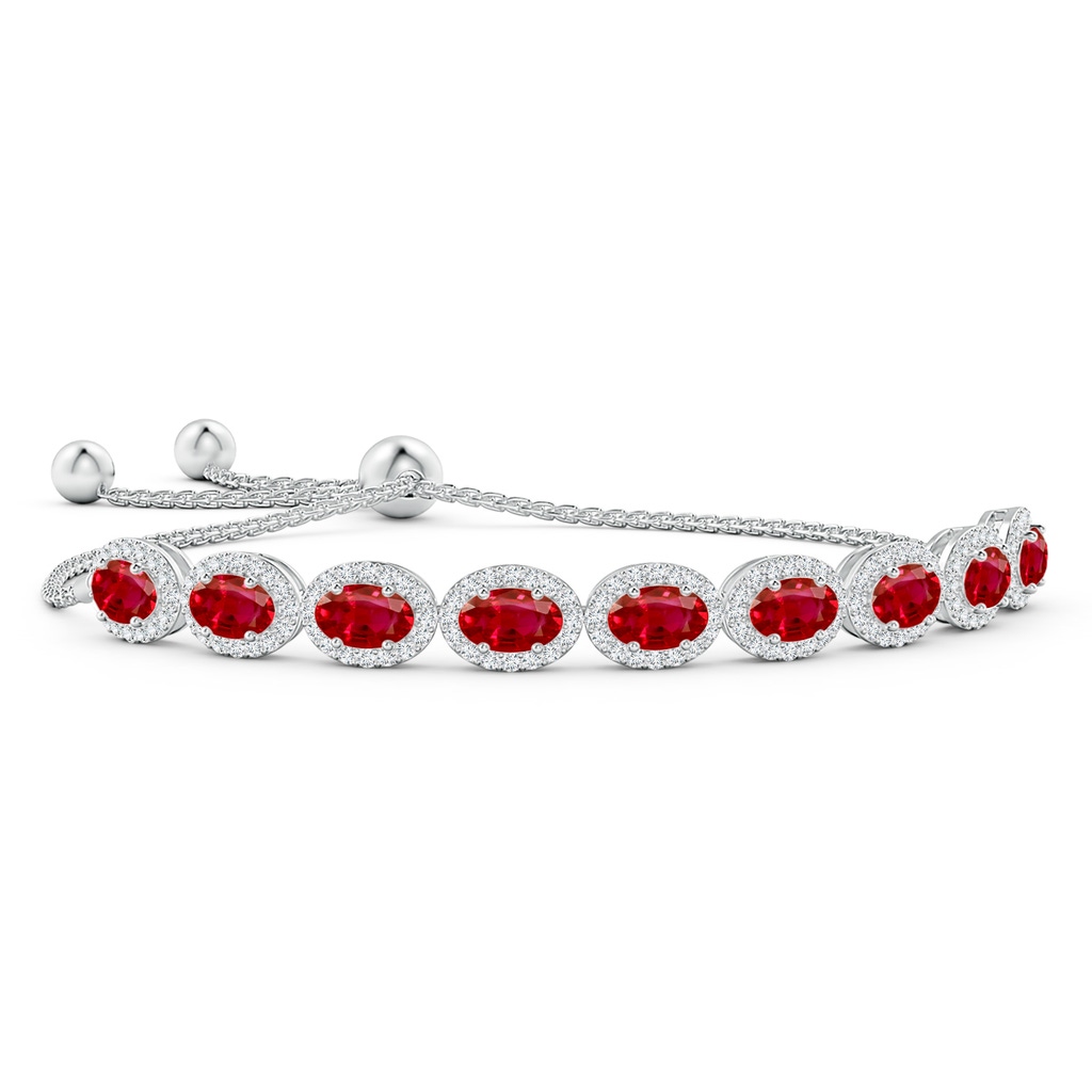 6x4mm AAA Oval Ruby Bolo Bracelet with Diamond Halo in White Gold