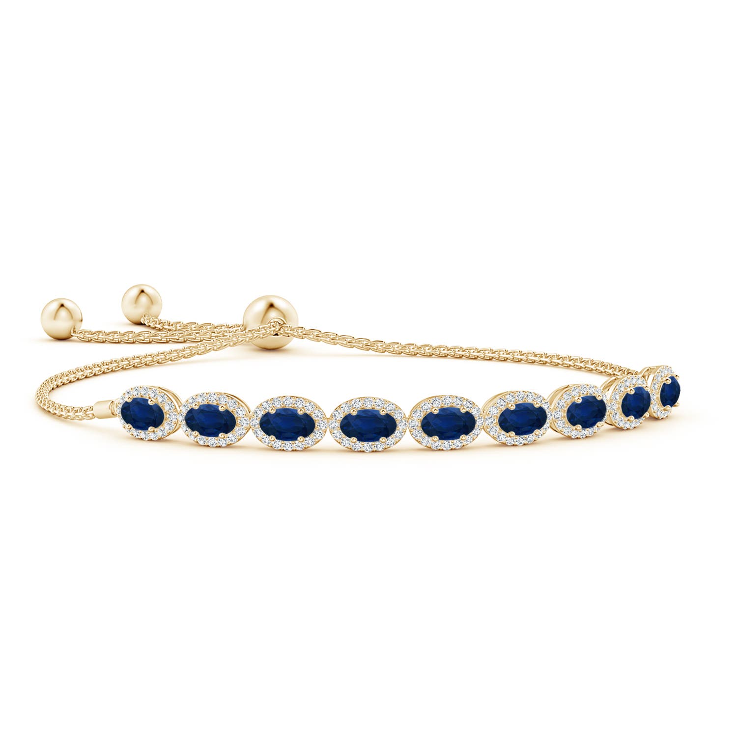 5x3mm AA Oval Sapphire Bolo Bracelet with Diamond Halo in Yellow Gold