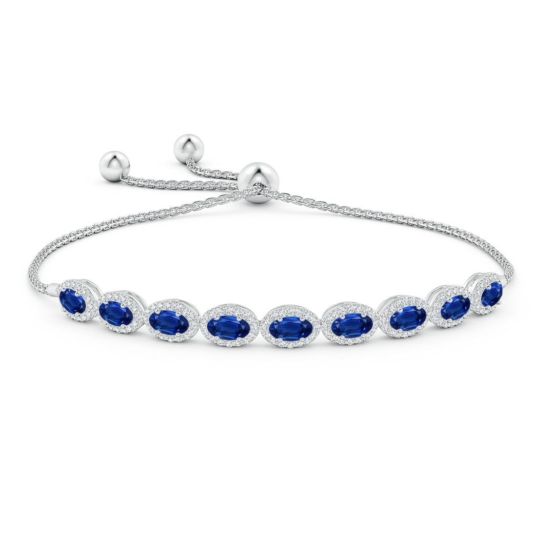 5x3mm AAA Oval Sapphire Bolo Bracelet with Diamond Halo in White Gold - side 1