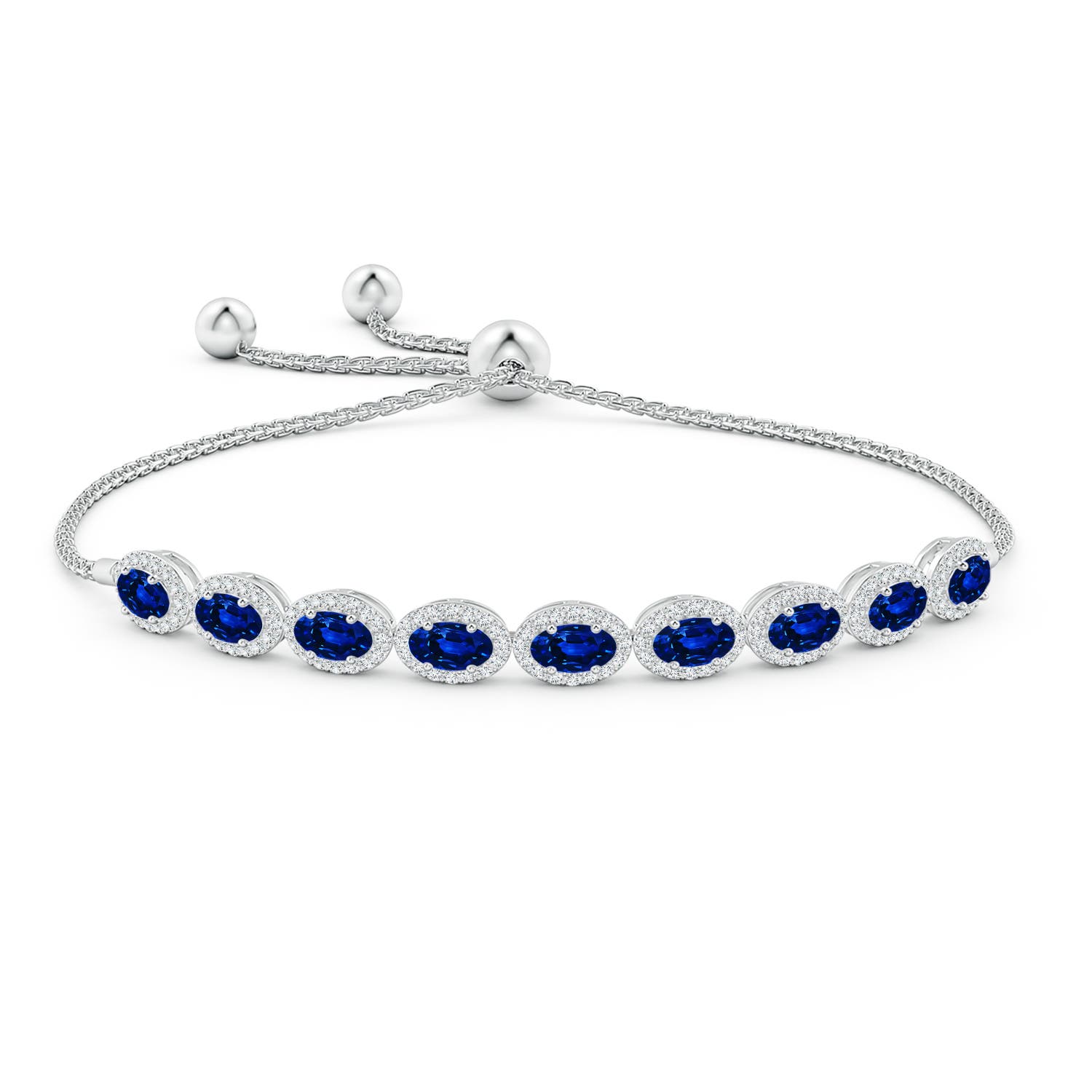 5x3mm AAAA Oval Sapphire Bolo Bracelet with Diamond Halo in White Gold