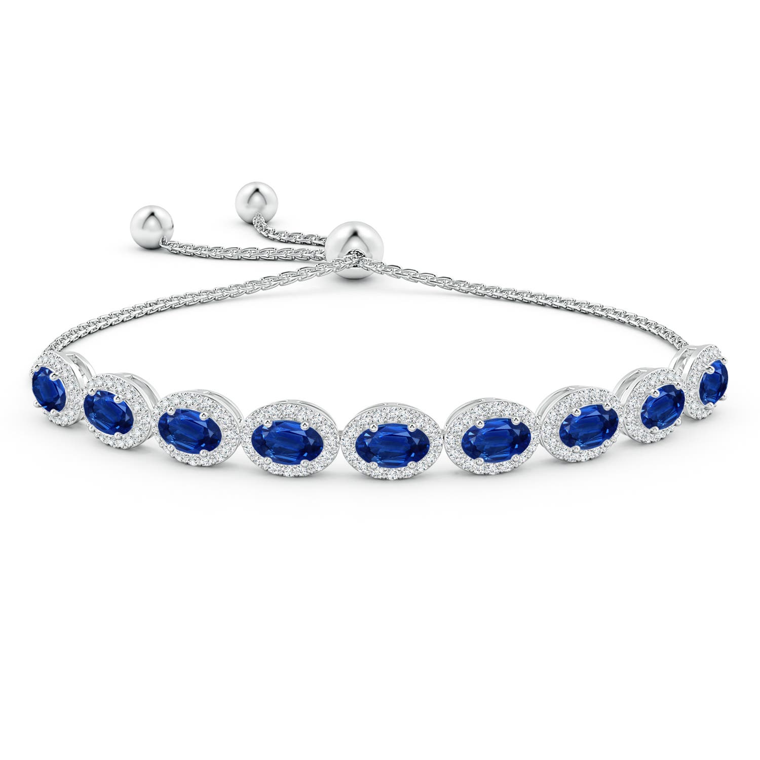 6x4mm AAA Oval Sapphire Bolo Bracelet with Diamond Halo in White Gold