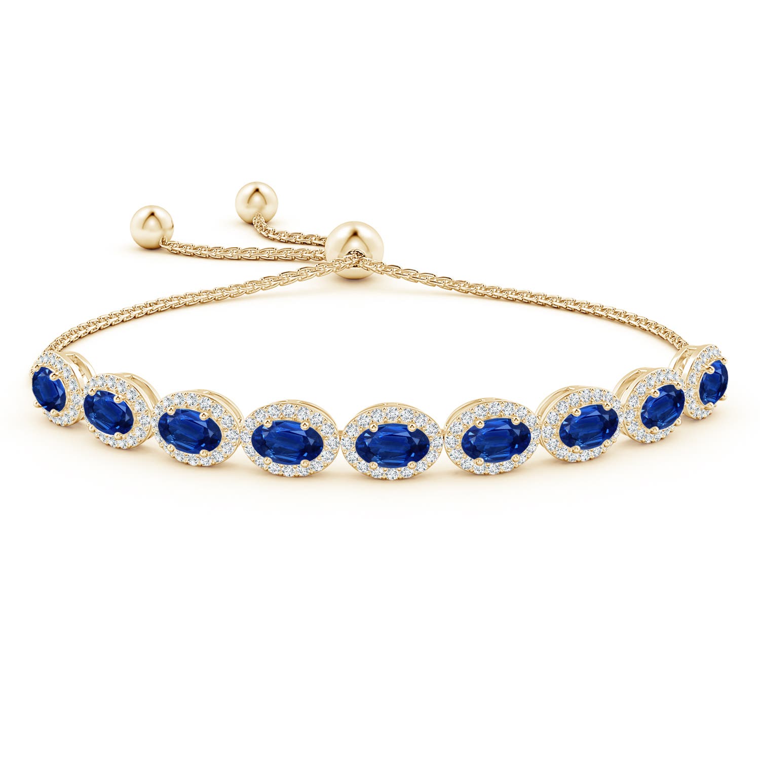 6x4mm AAA Oval Sapphire Bolo Bracelet with Diamond Halo in Yellow Gold