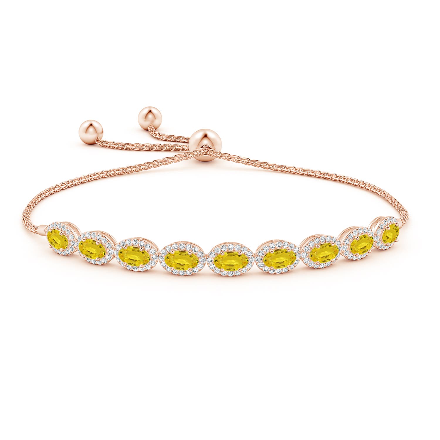 5x3mm AAA Oval Yellow Sapphire Bolo Bracelet with Diamond Halo in Rose Gold - side 1