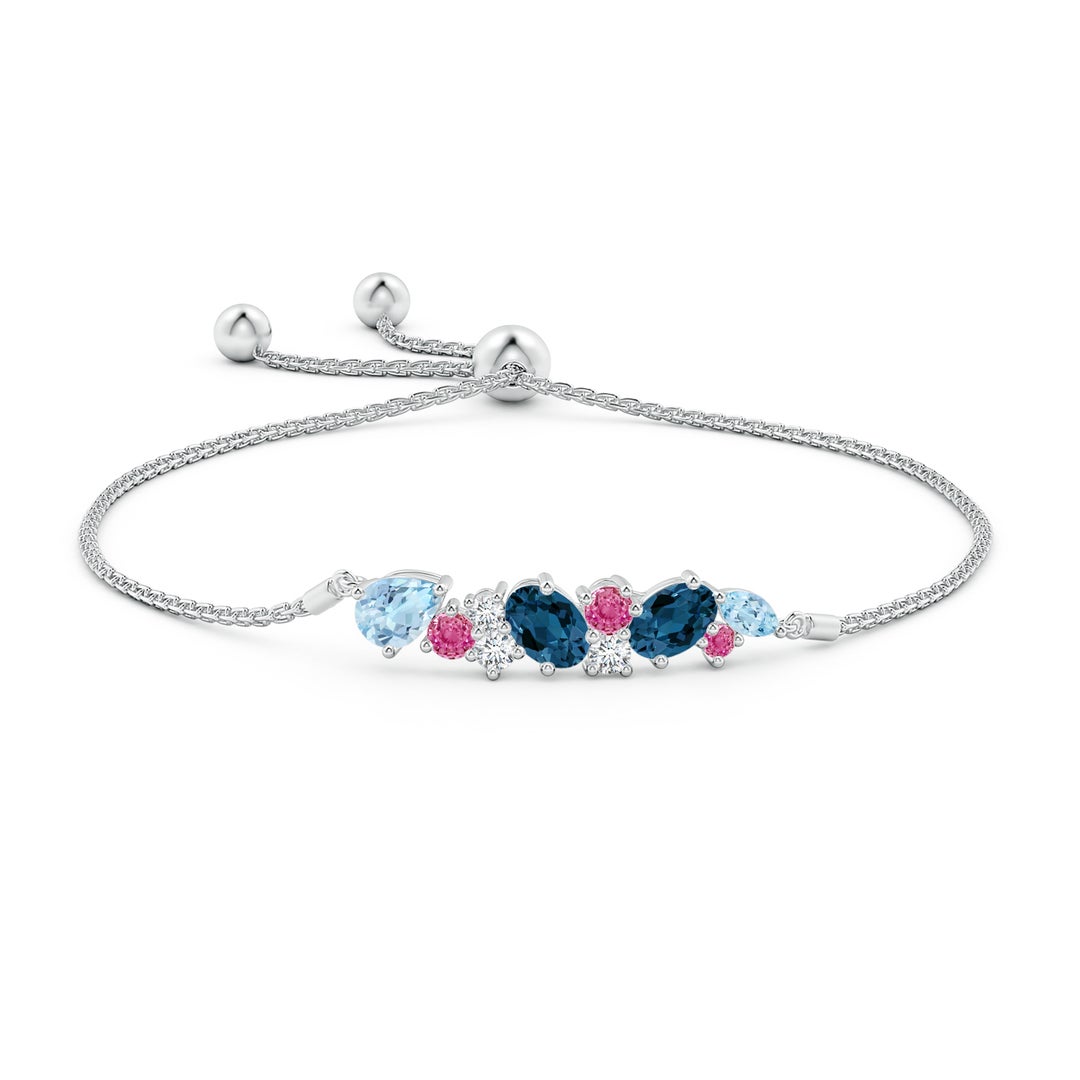 7x5mm AAA Scattered Multi-Gemstone Bolo Bracelet in White Gold - side 1