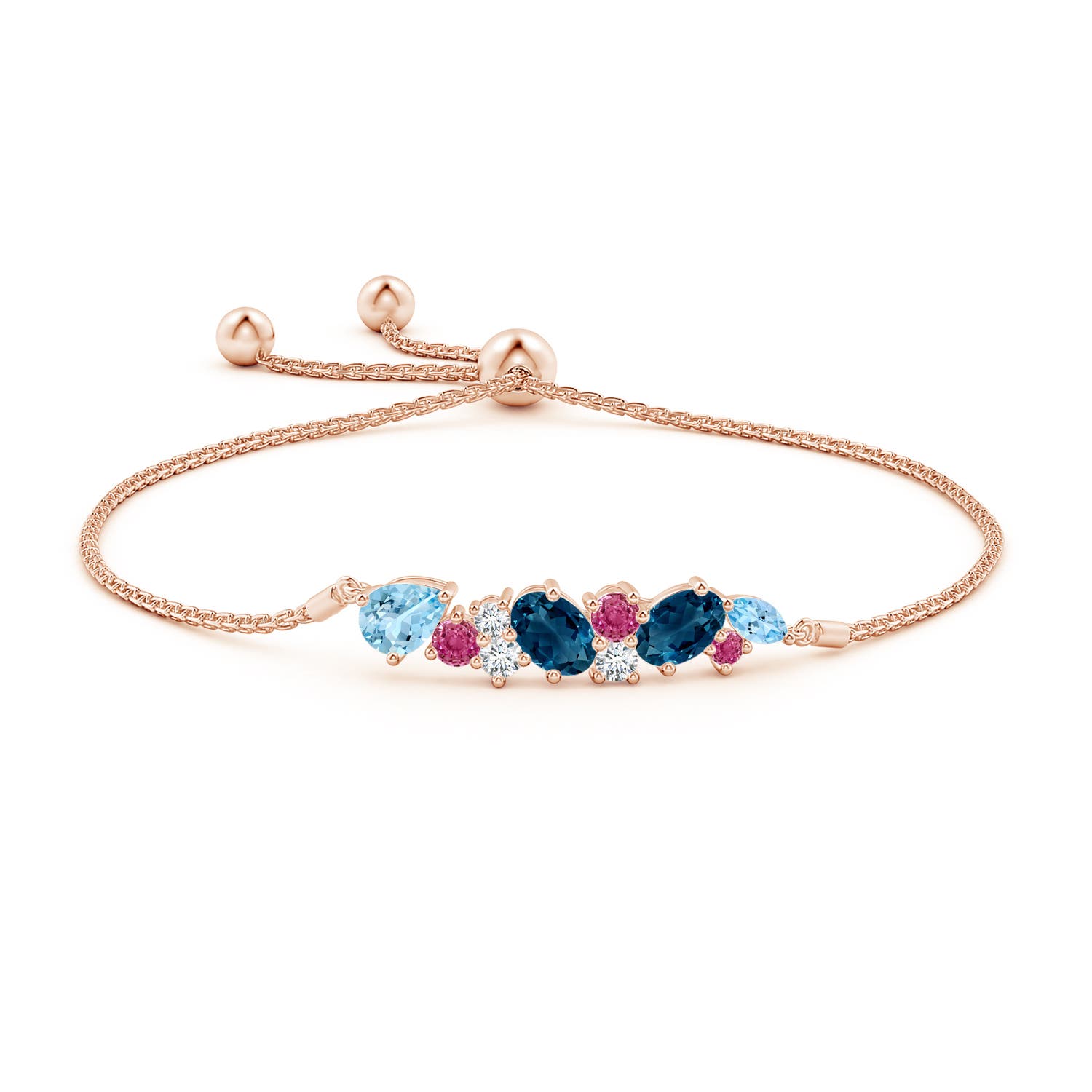 7x5mm AAAA Scattered Multi-Gemstone Bolo Bracelet in Rose Gold