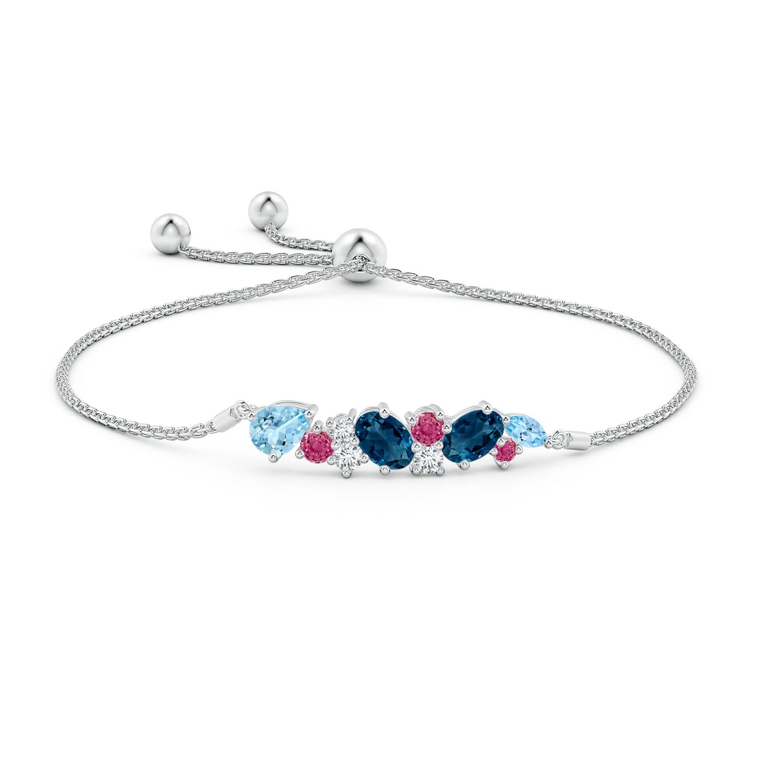 7x5mm AAAA Scattered Multi-Gemstone Bolo Bracelet in White Gold