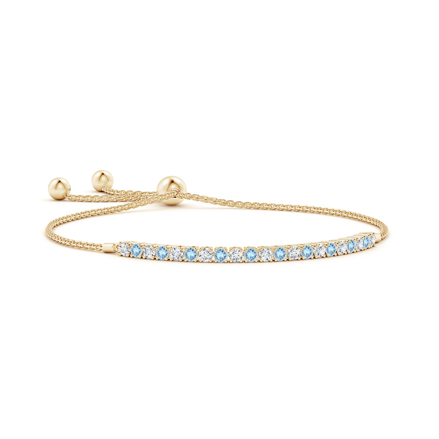 2.5mm AAA Alternate Aquamarine and Diamond Tennis Bolo Bracelet in Yellow Gold