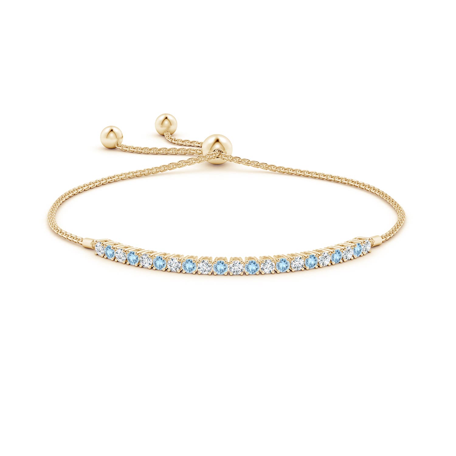 2.5mm AAA Alternate Aquamarine and Diamond Tennis Bolo Bracelet in Yellow Gold