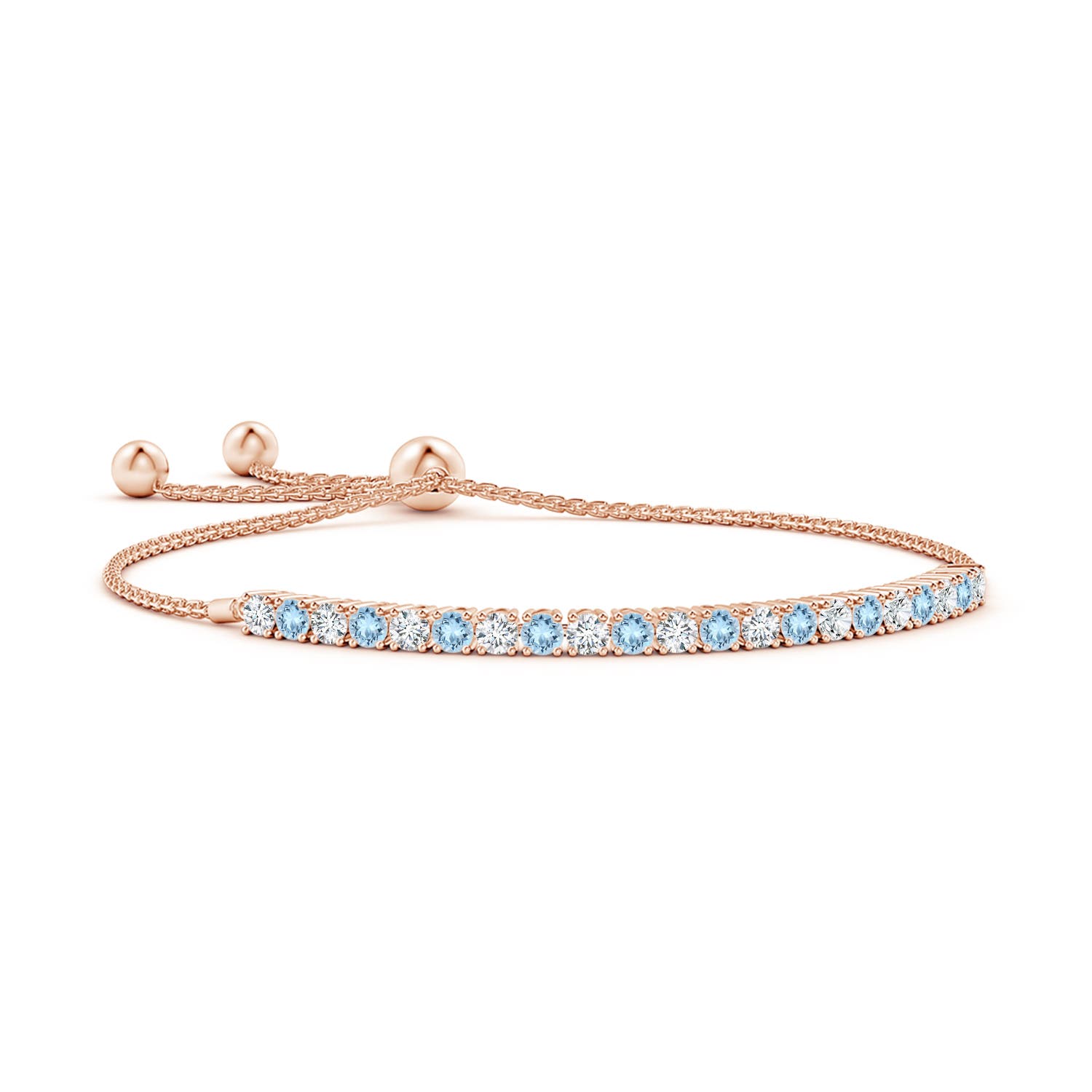 3mm AAA Alternate Aquamarine and Diamond Tennis Bolo Bracelet in Rose Gold