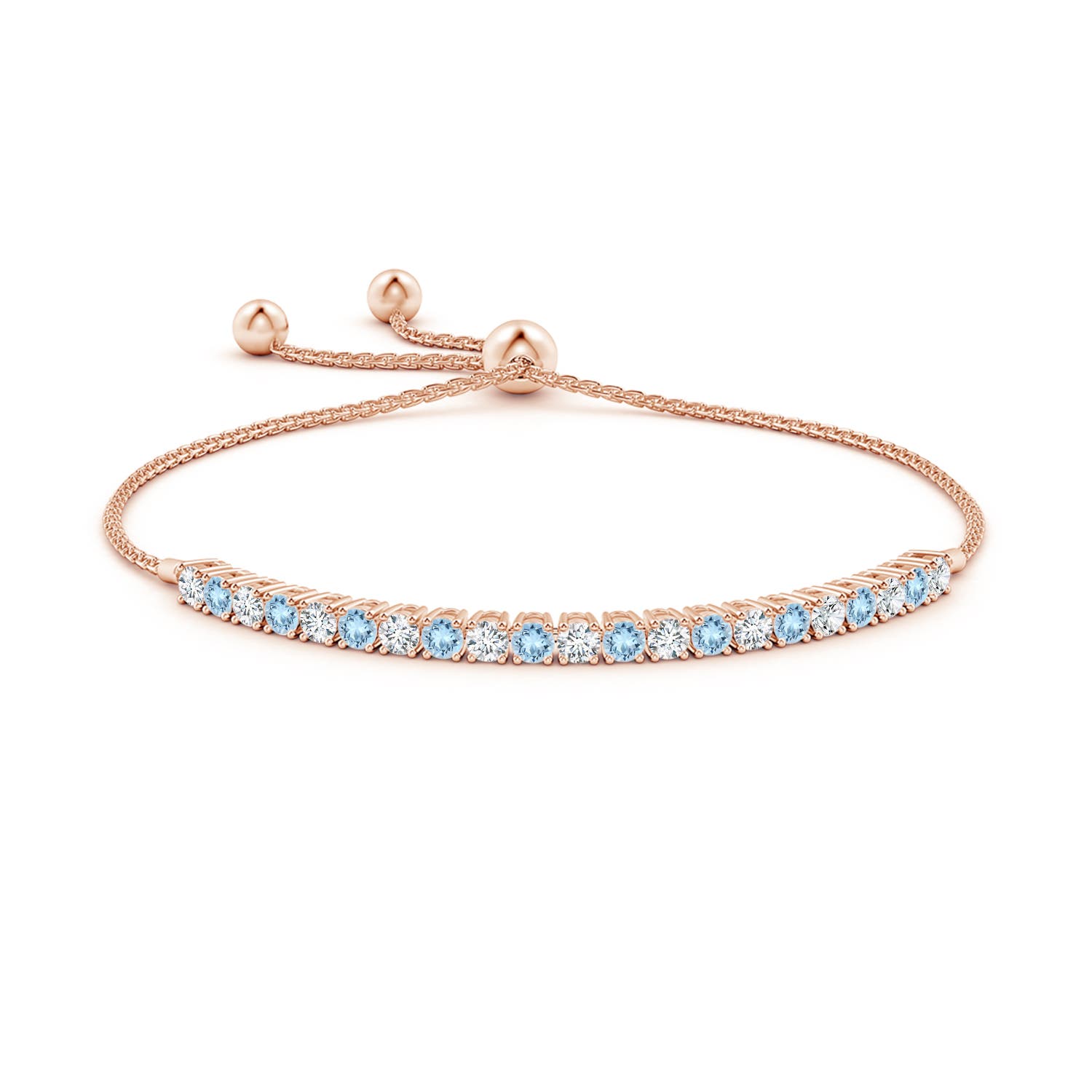 3mm AAA Alternate Aquamarine and Diamond Tennis Bolo Bracelet in Rose Gold
