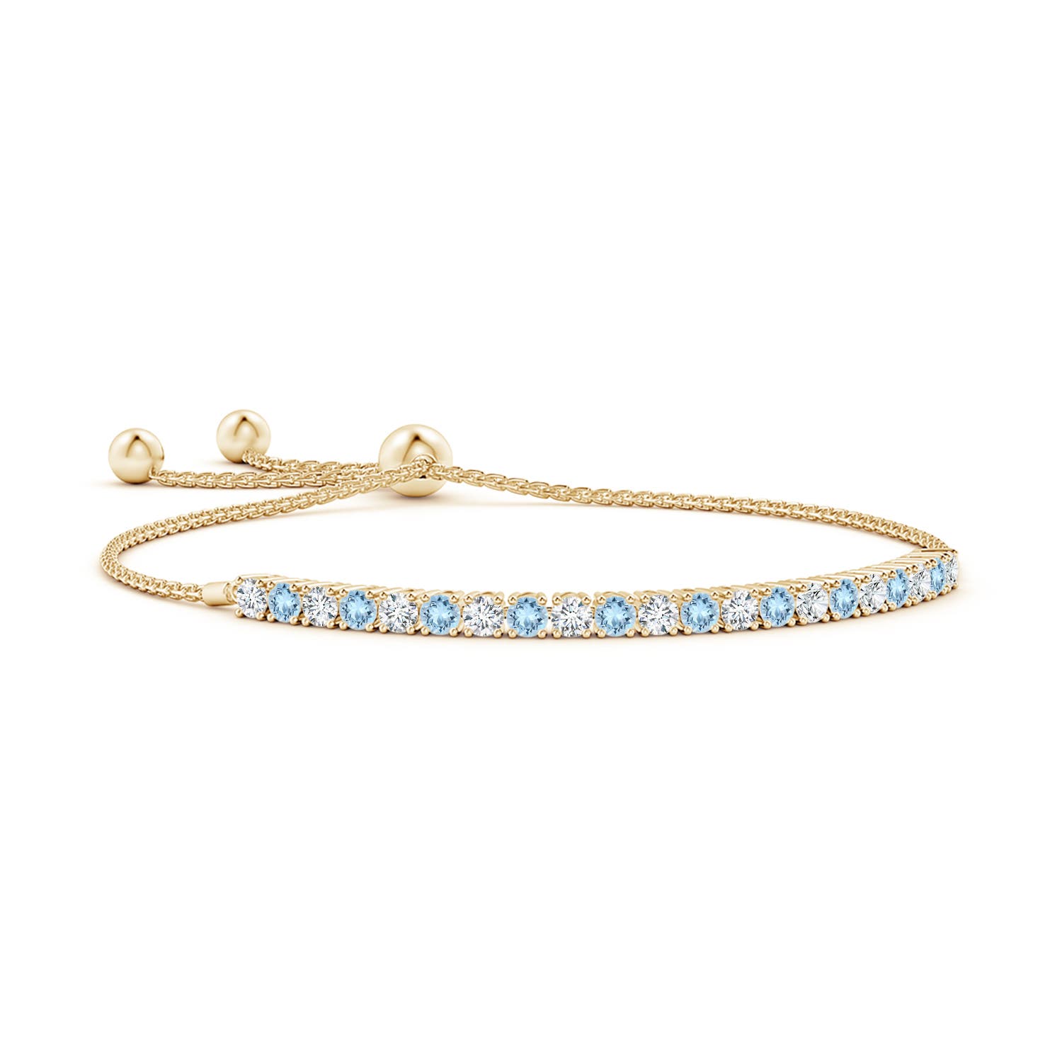 3mm AAA Alternate Aquamarine and Diamond Tennis Bolo Bracelet in Yellow Gold