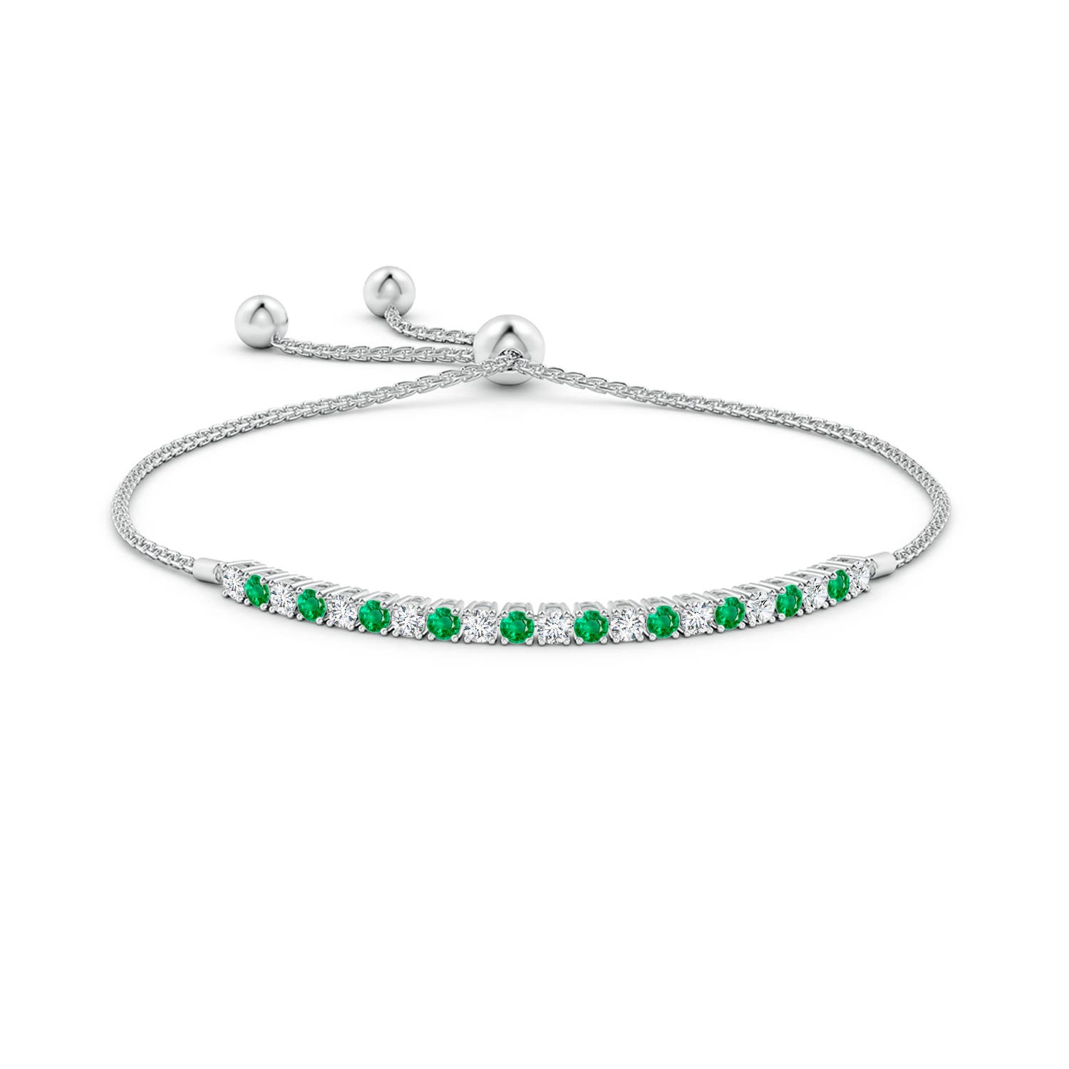 2.5mm AAA Alternate Emerald and Diamond Tennis Bolo Bracelet in White Gold - side 1