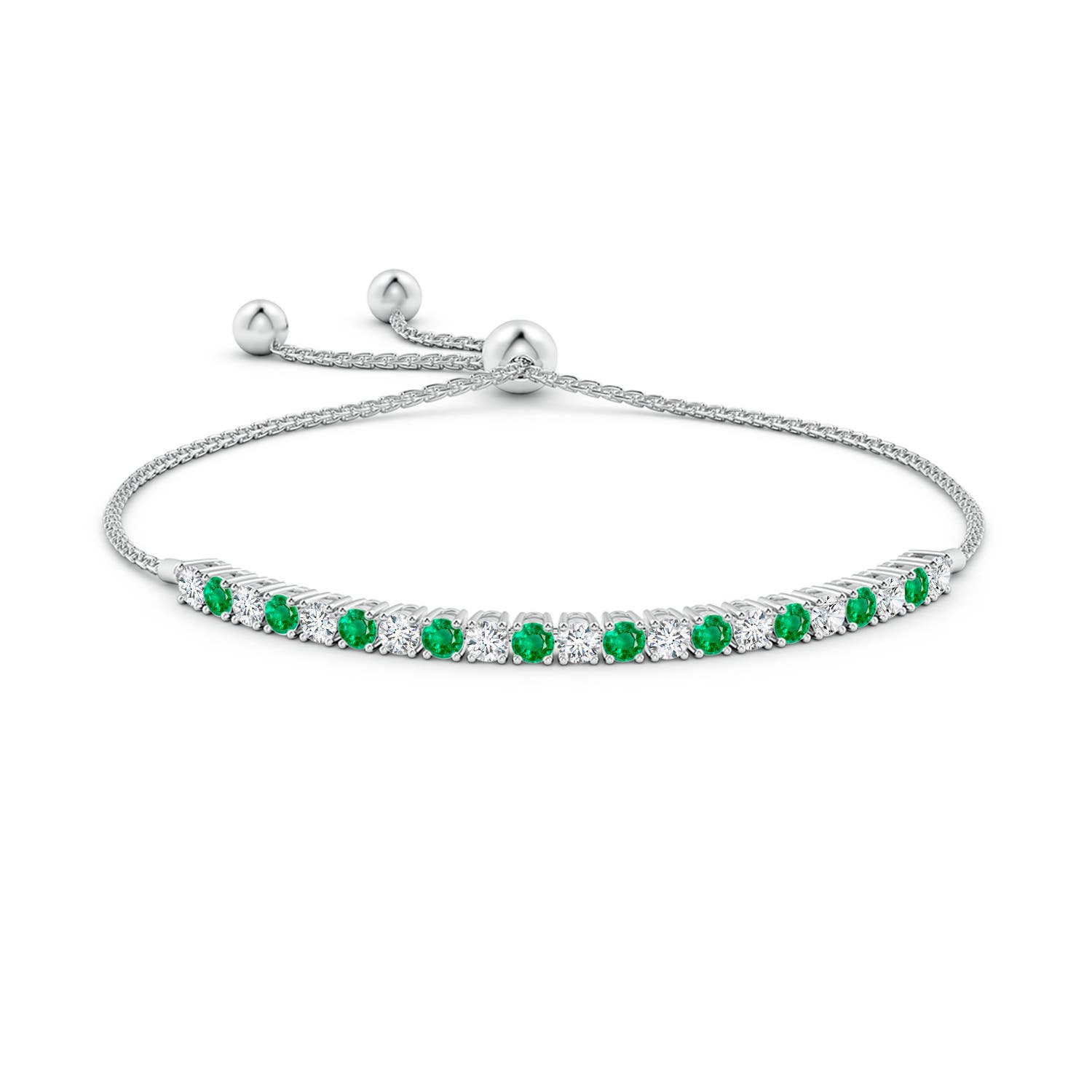 3mm AAA Alternate Emerald and Diamond Tennis Bolo Bracelet in White Gold