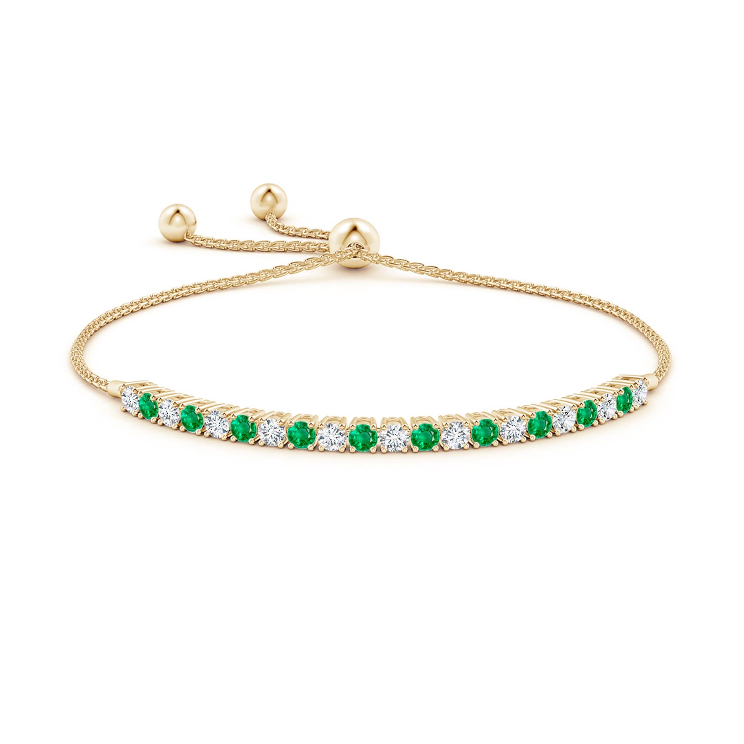 3mm AAA Alternate Emerald and Diamond Tennis Bolo Bracelet in Yellow Gold - side 1