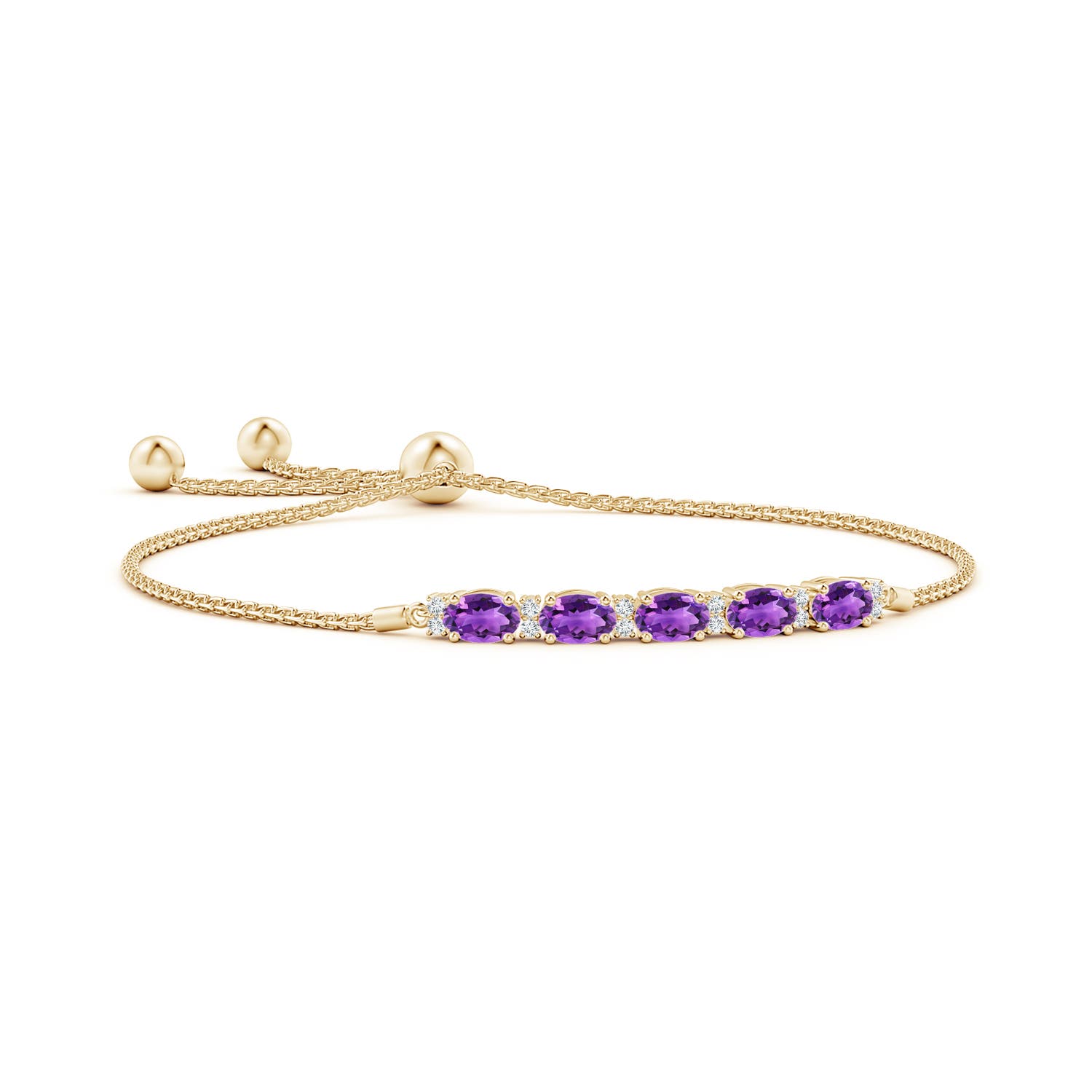 6x4mm AAA East-West Oval Amethyst Bolo Bracelet with Diamonds in Yellow Gold