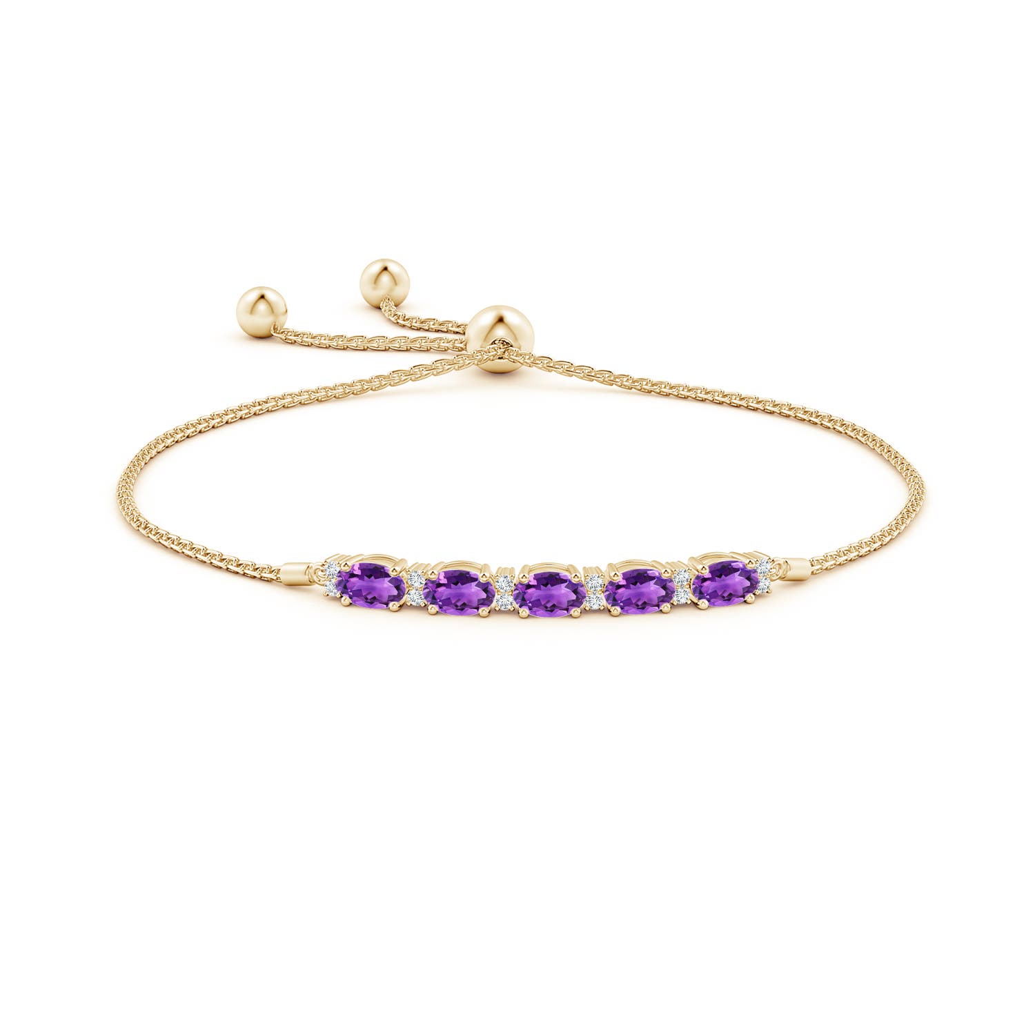 6x4mm AAA East-West Oval Amethyst Bolo Bracelet with Diamonds in Yellow Gold