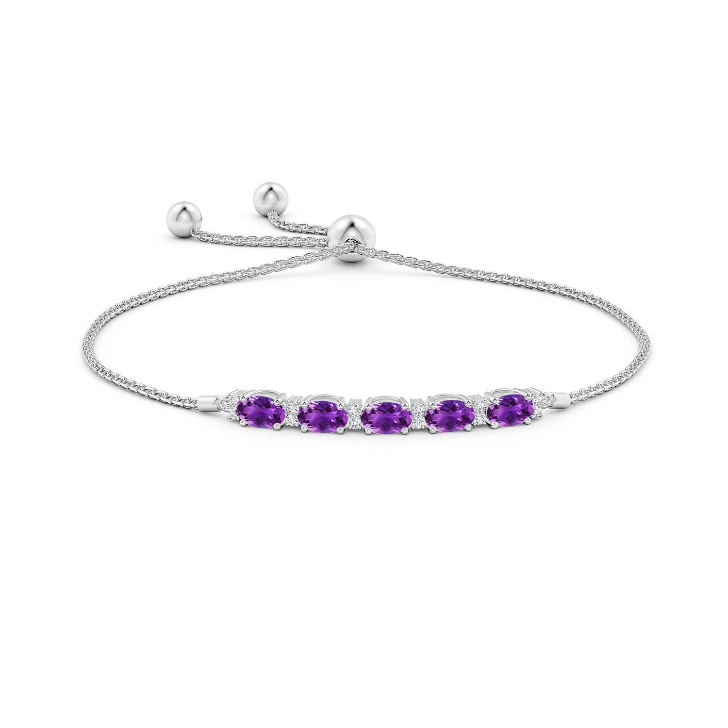 6x4mm AAAA East-West Oval Amethyst Bolo Bracelet with Diamonds in White Gold