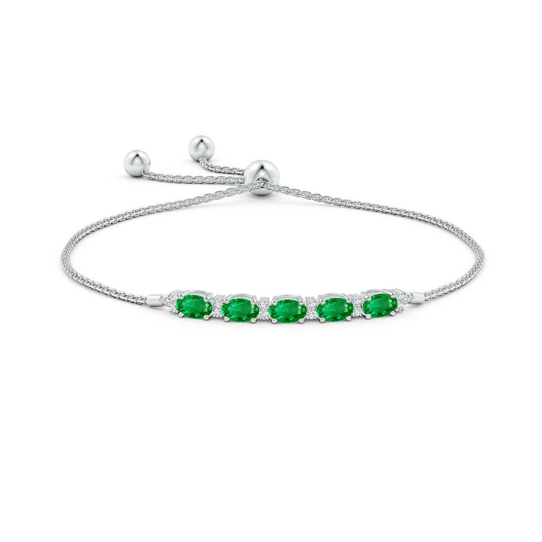 6x4mm AAA East-West Oval Emerald Bolo Bracelet with Diamonds in White Gold - side 1