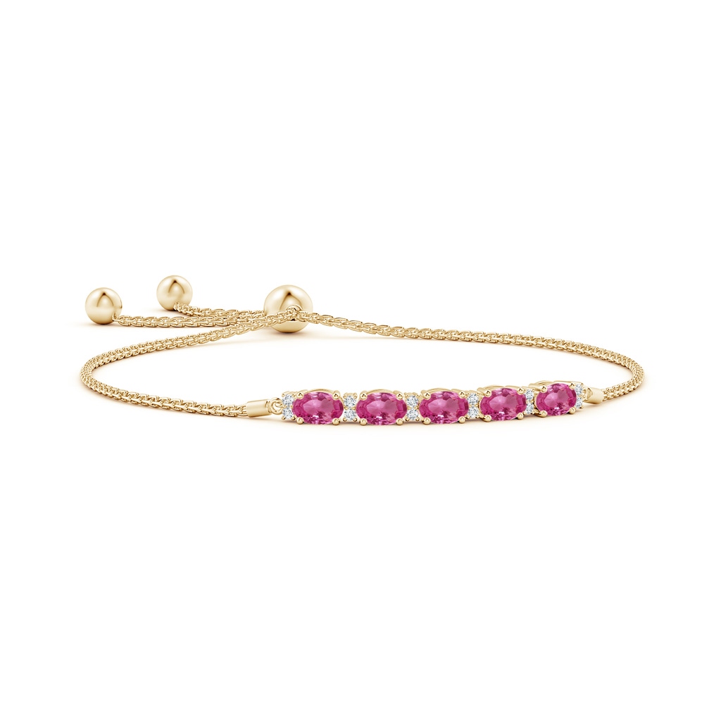 6x4mm AAAA East-West Oval Pink Sapphire Bolo Bracelet with Diamonds in Yellow Gold