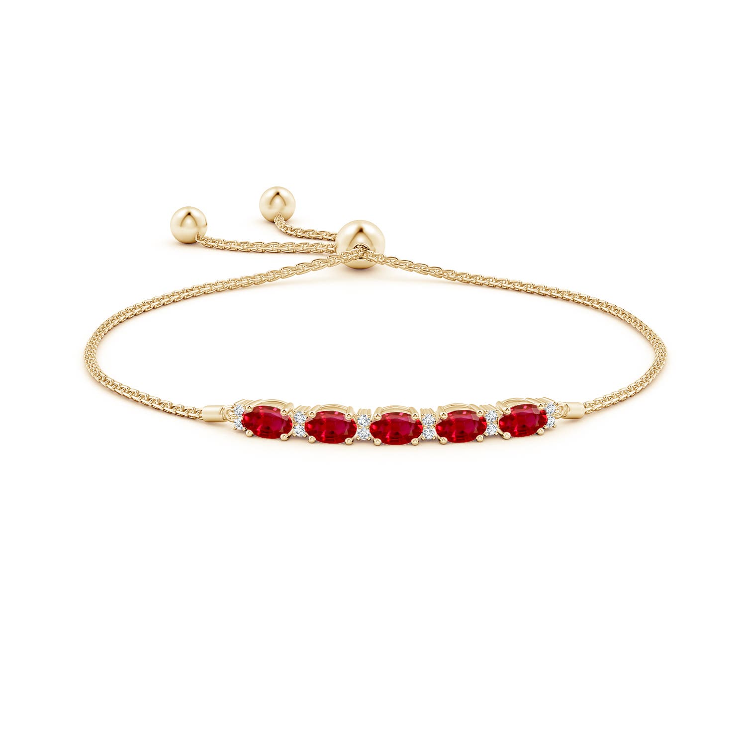 6x4mm AAA East-West Oval Ruby Bolo Bracelet with Diamonds in Yellow Gold - side 1