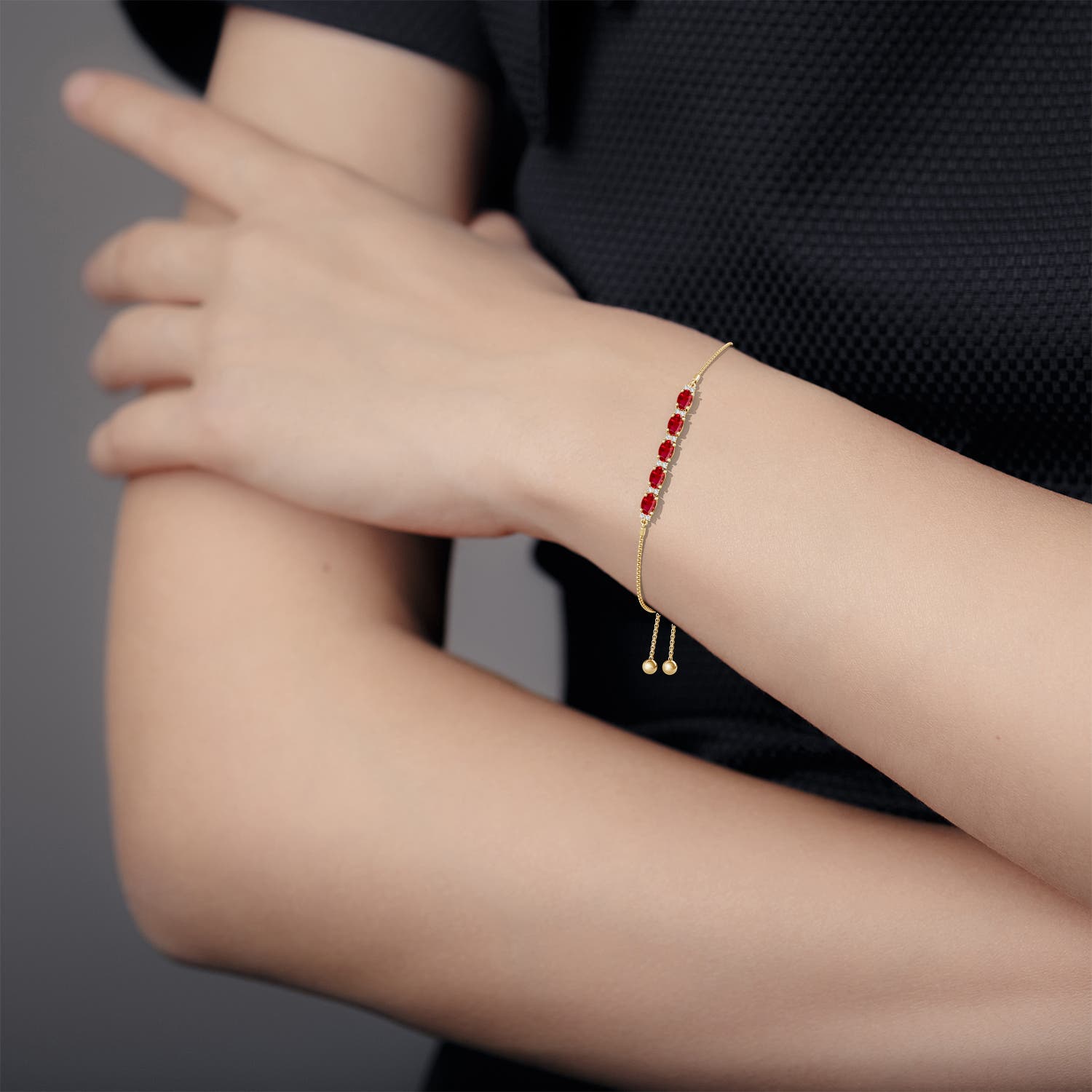 6x4mm AAA East-West Oval Ruby Bolo Bracelet with Diamonds in Yellow Gold - body_view 2