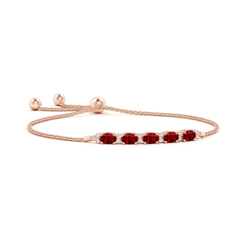 6x4mm AAAA East-West Oval Ruby Bolo Bracelet with Diamonds in Rose Gold