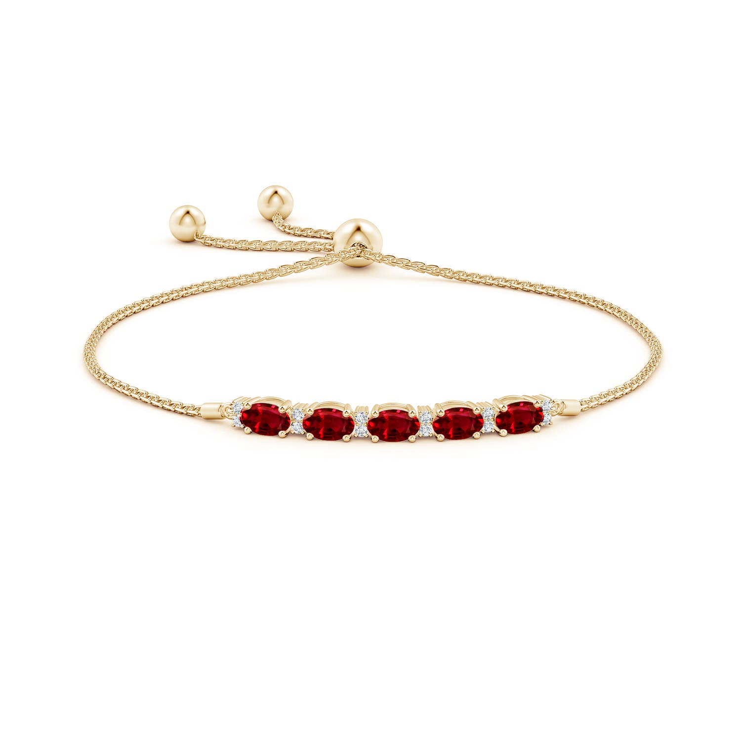 6x4mm AAAA East-West Oval Ruby Bolo Bracelet with Diamonds in Yellow Gold