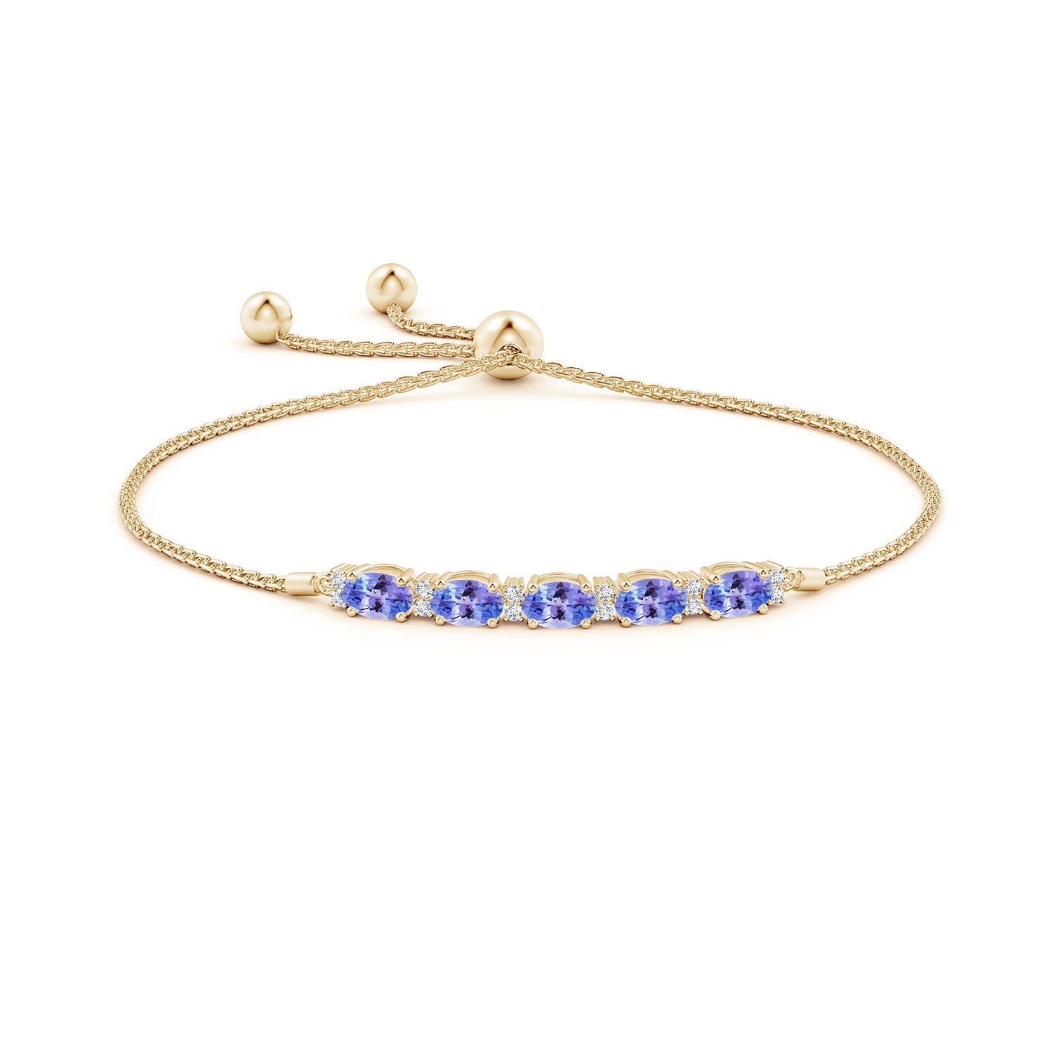 6x4mm AAA East-West Oval Tanzanite Bolo Bracelet with Diamonds in Yellow Gold