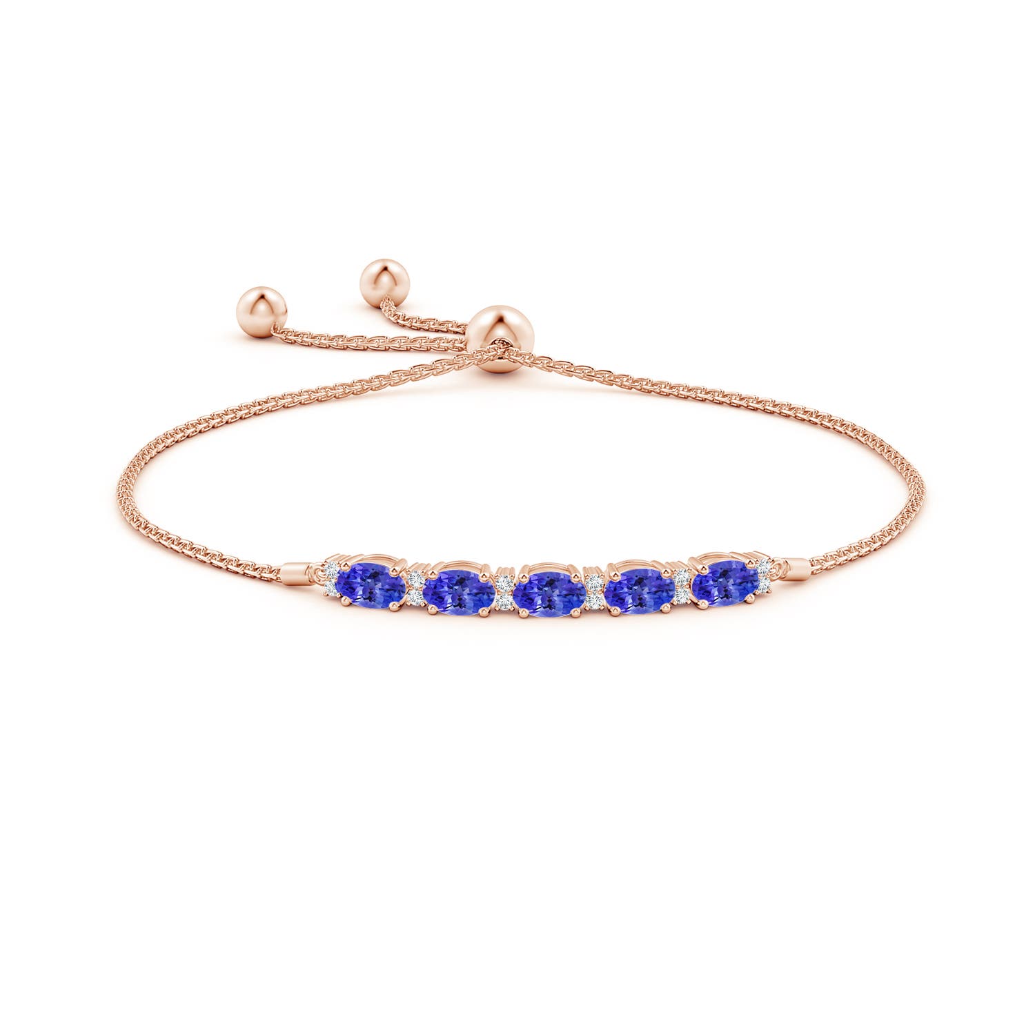 6x4mm AAAA East-West Oval Tanzanite Bolo Bracelet with Diamonds in Rose Gold - side 1