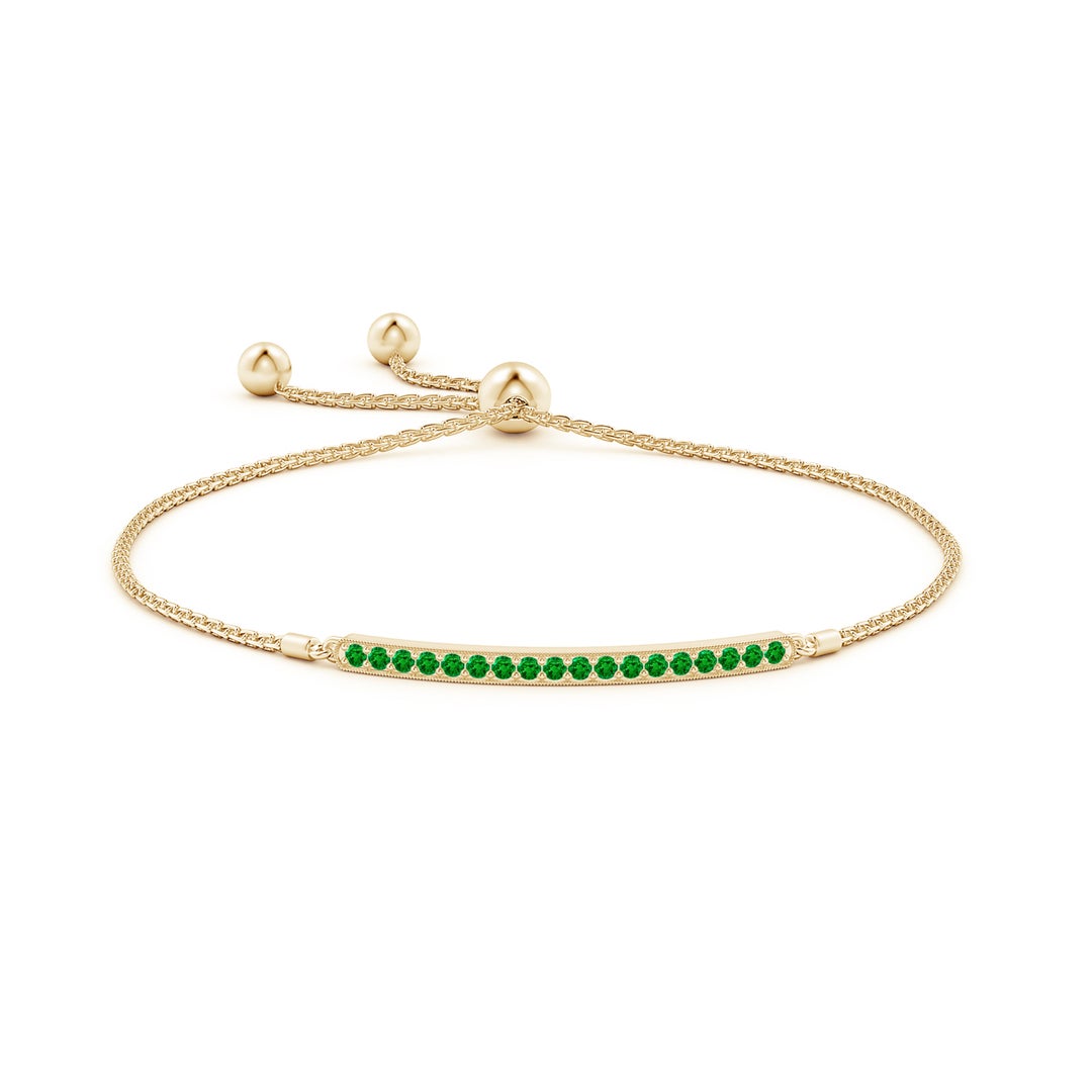 2mm AAAA Pave-Set Emerald Bar Bolo Bracelet in Yellow Gold - side 1