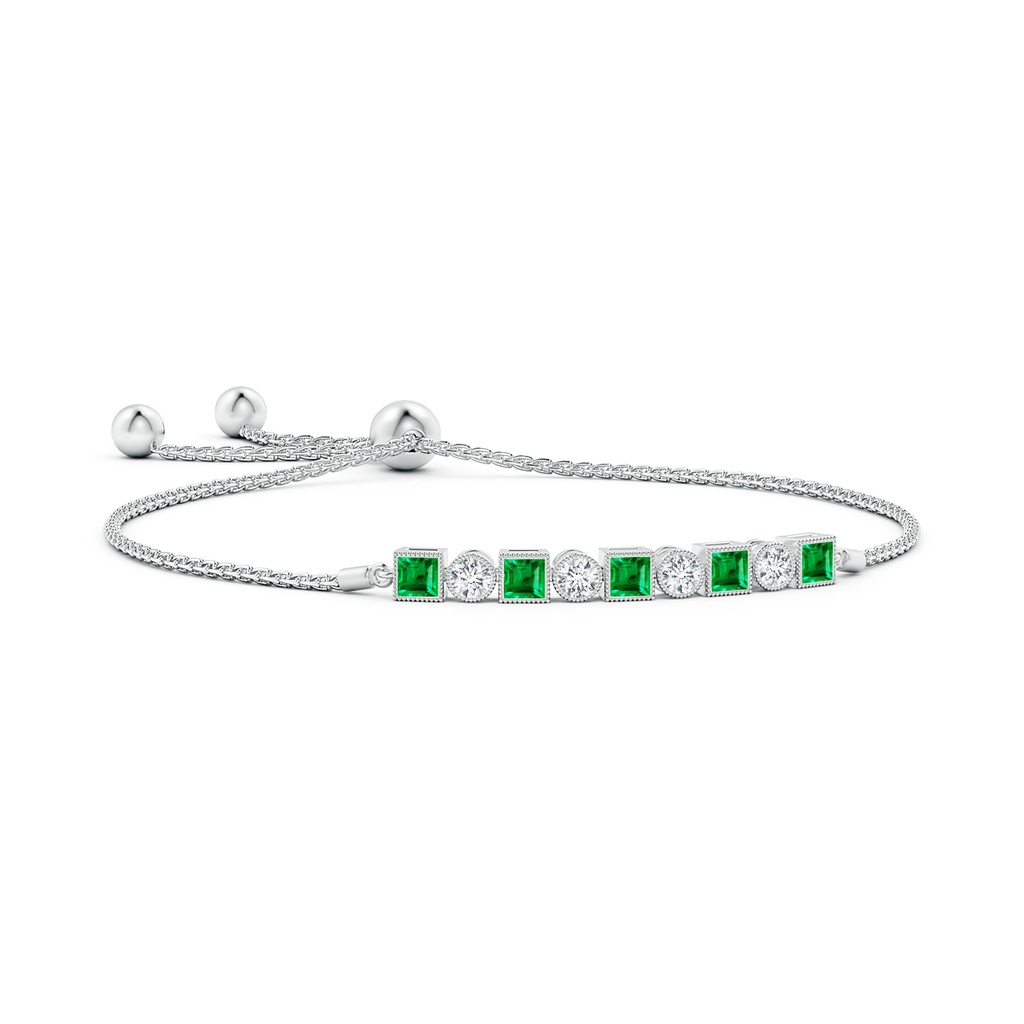3mm AAA Bezel-Set Square Emerald and Round Diamond Bolo Bracelet in White Gold