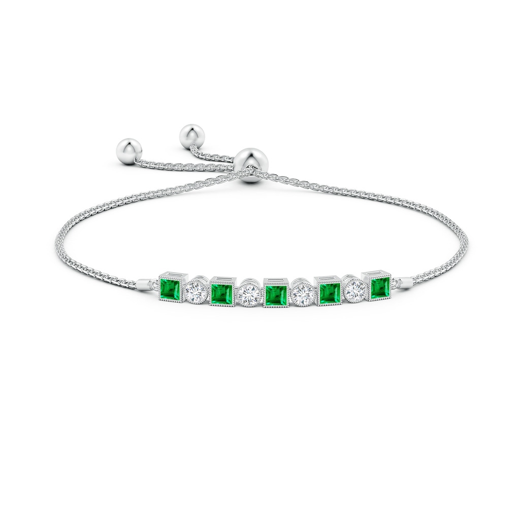 3mm AAA Bezel-Set Square Emerald and Round Diamond Bolo Bracelet in White Gold Side-1