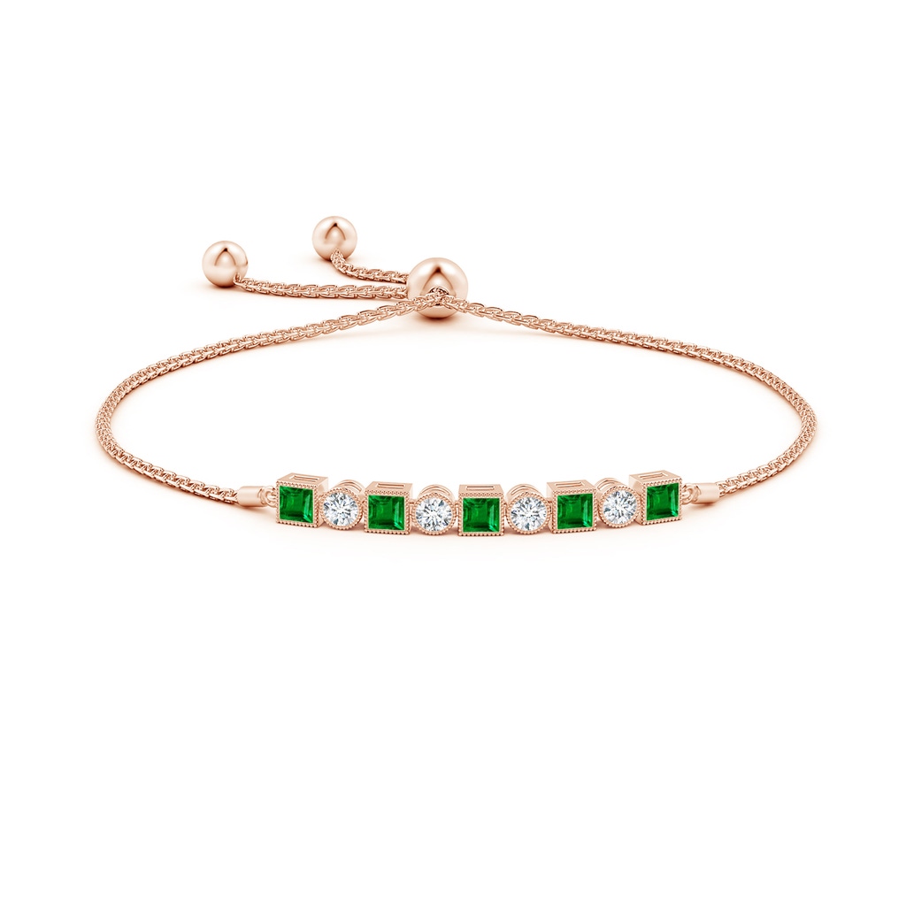 3mm AAAA Bezel-Set Square Emerald and Round Diamond Bolo Bracelet in Rose Gold Side-1