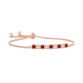 3mm AA Bezel-Set Square Ruby and Round Diamond Bolo Bracelet in Rose Gold