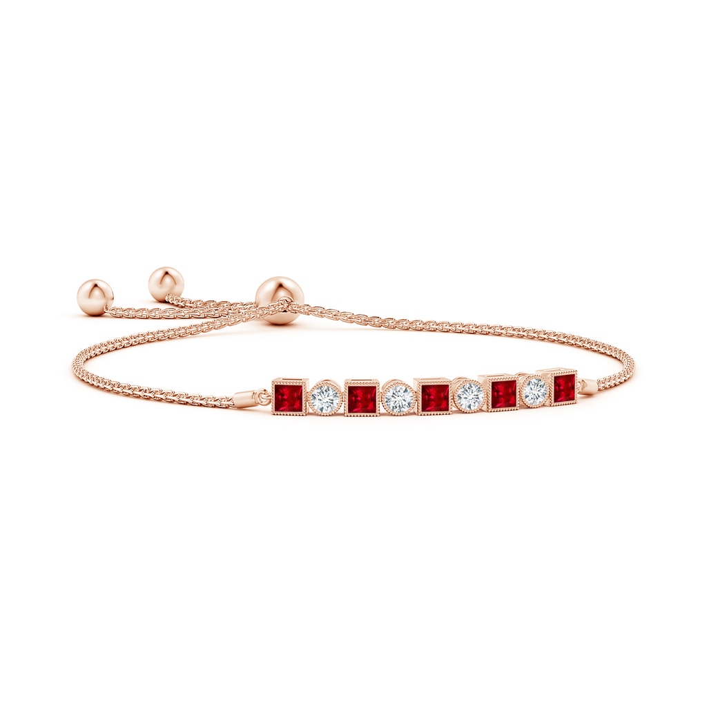 3mm AAAA Bezel-Set Square Ruby and Round Diamond Bolo Bracelet in Rose Gold
